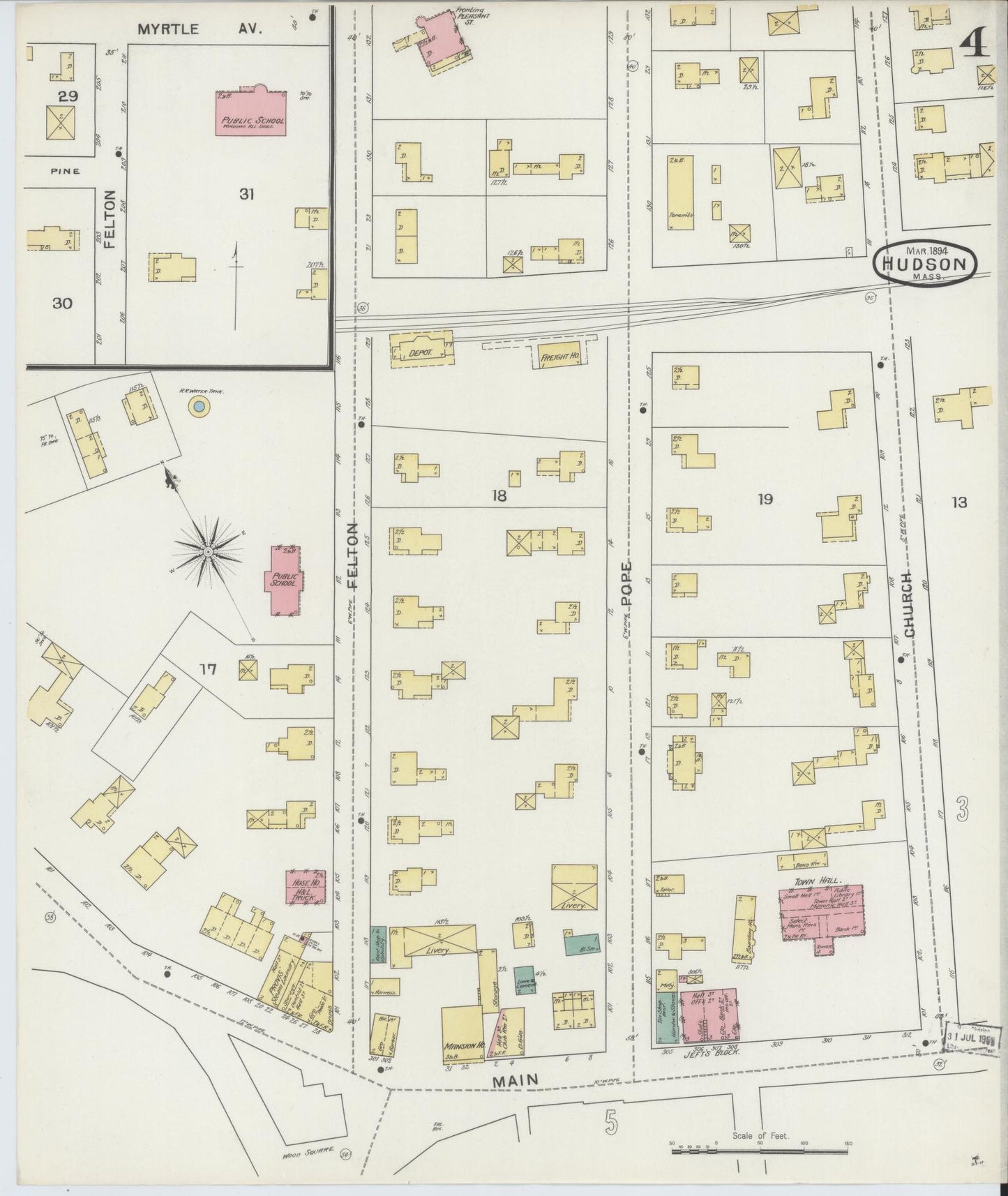 Sanborn Fire Insurance Map from Hudson, Middlesex County, Massachusetts (1894), Sheet #0004 - Historic Sanborn Fire Insurance Map Print, vintage old map wall art, antique decor, genealogy gift, Massachusetts Massachusetts map