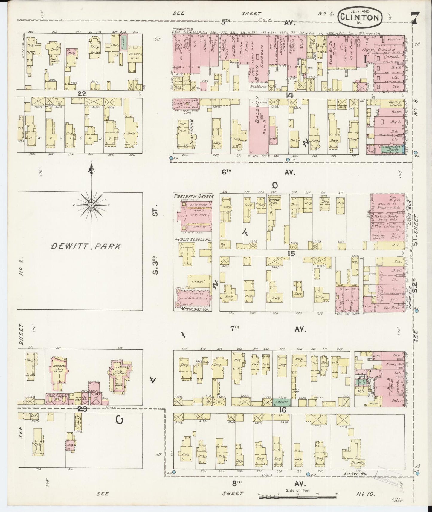 Sanborn Fire Insurance Map from Clinton, Clinton County, Iowa (1890), Sheet #0007 - Historic Sanborn Fire Insurance Map Print, vintage old map wall art