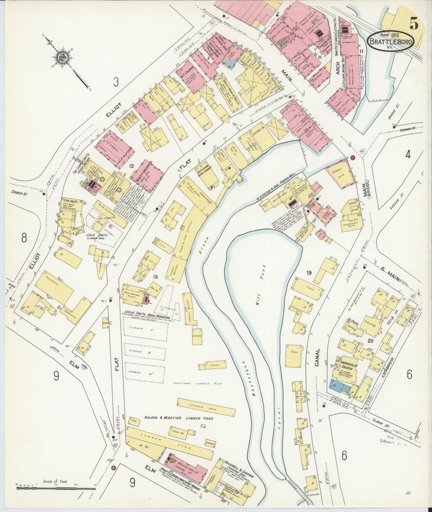 Sanborn Fire Insurance Map from Brattleboro, Windham County, Vermont (1912), Sheet #0005 - Historic Sanborn Fire Insurance Map Print, vintage old map wall art, antique decor, genealogy gift, Vermont Vermont map