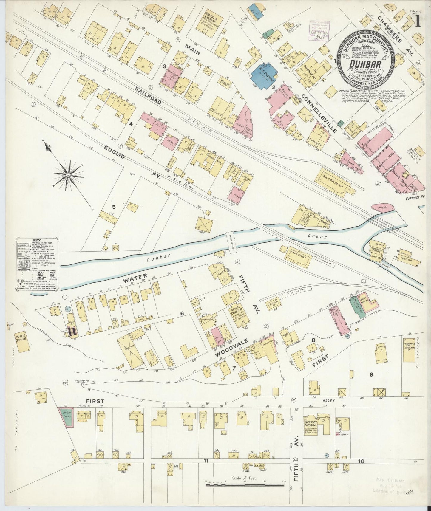 Sanborn Fire Insurance Map from Dunbar, Fayette County, Pennsylvania (1908), Sheet #0001 - Historic Sanborn Fire Insurance Map Print, vintage old map wall art, antique decor, genealogy gift, Pennsylvania Pennsylvania map