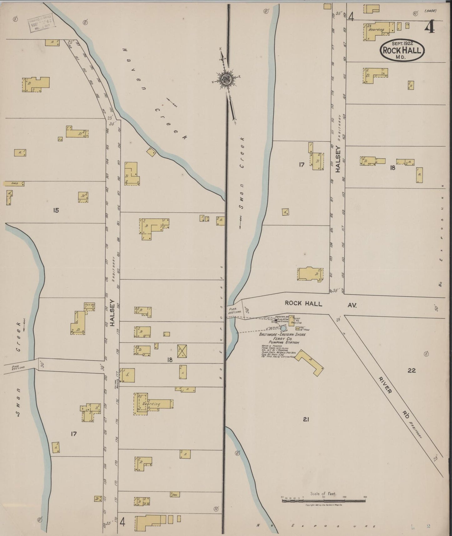Sanborn Fire Insurance Map from Rock Hall, Kent County, Maryland (1922), Sheet #0004 - Historic Sanborn Fire Insurance Map Print, vintage old map wall art, antique decor, genealogy gift, Maryland Maryland map