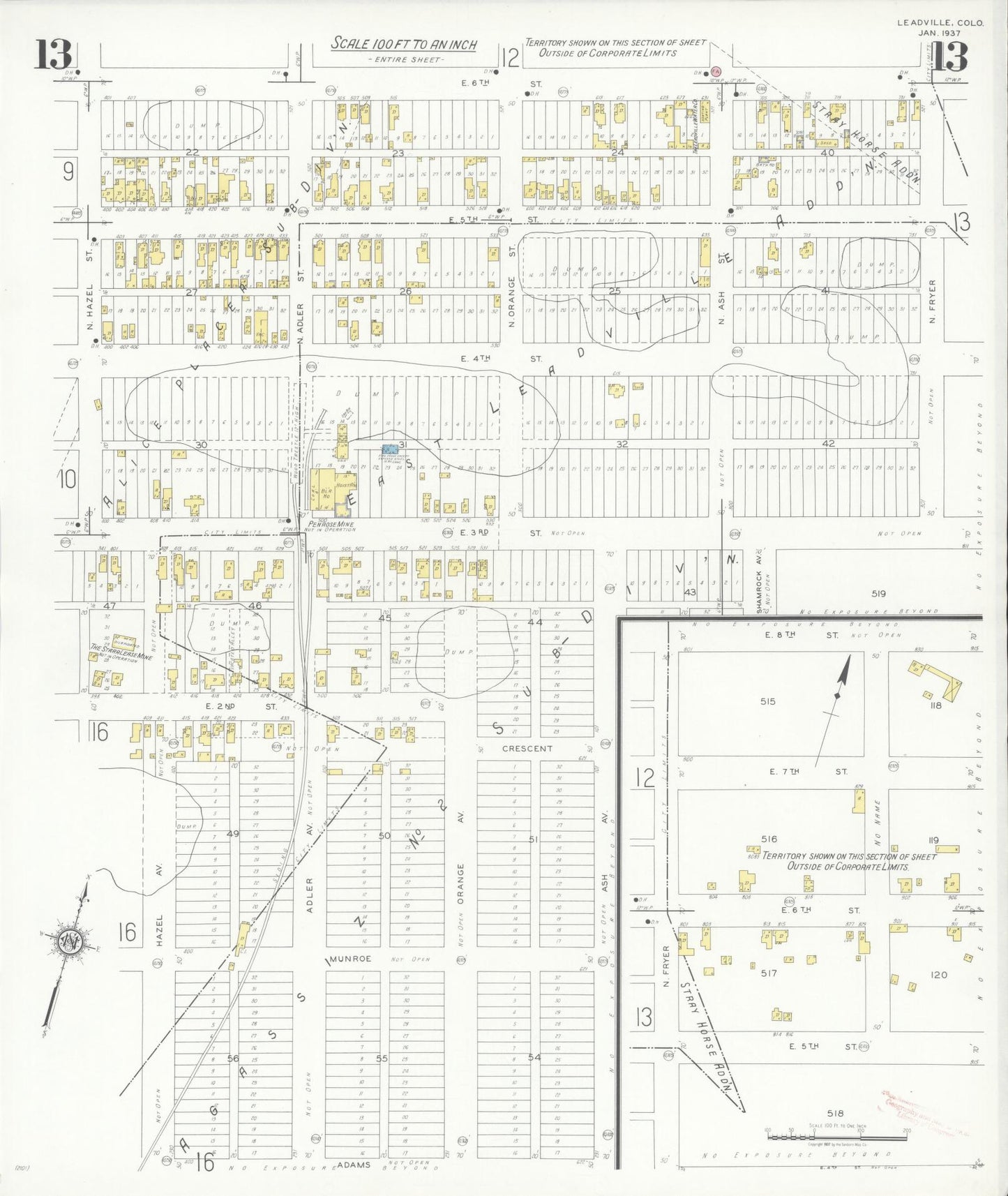 Sanborn Fire Insurance Map from Leadville, Lake County, Colorado (1937), Sheet #0013 - Historic Sanborn Fire Insurance Map Print, vintage old map wall art, antique decor, genealogy gift, Colorado Colorado map