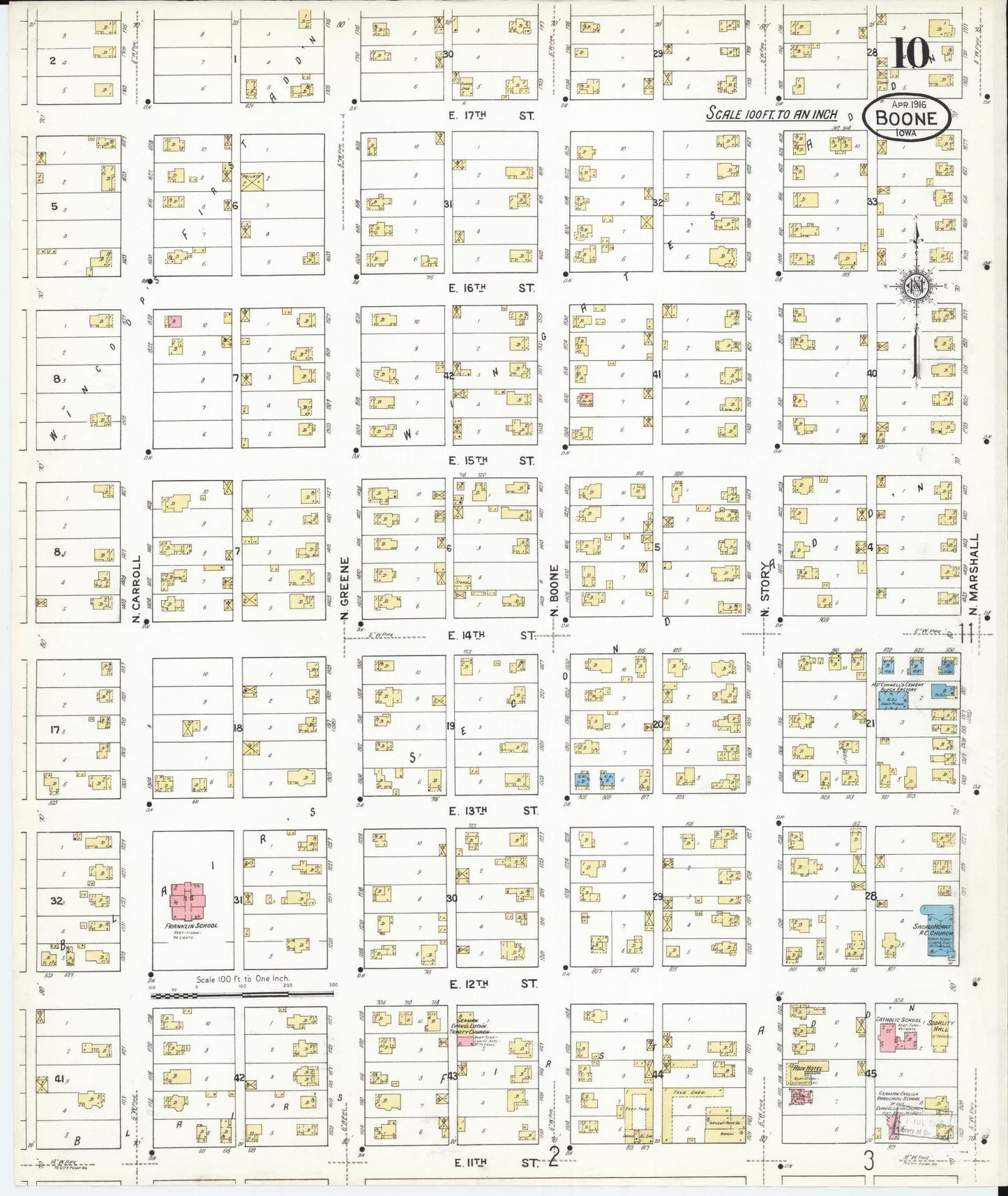 Sanborn Fire Insurance Map from Boone, Boone County, Iowa (1916), Sheet #0010 - Historic Sanborn Fire Insurance Map Print, vintage old map wall art