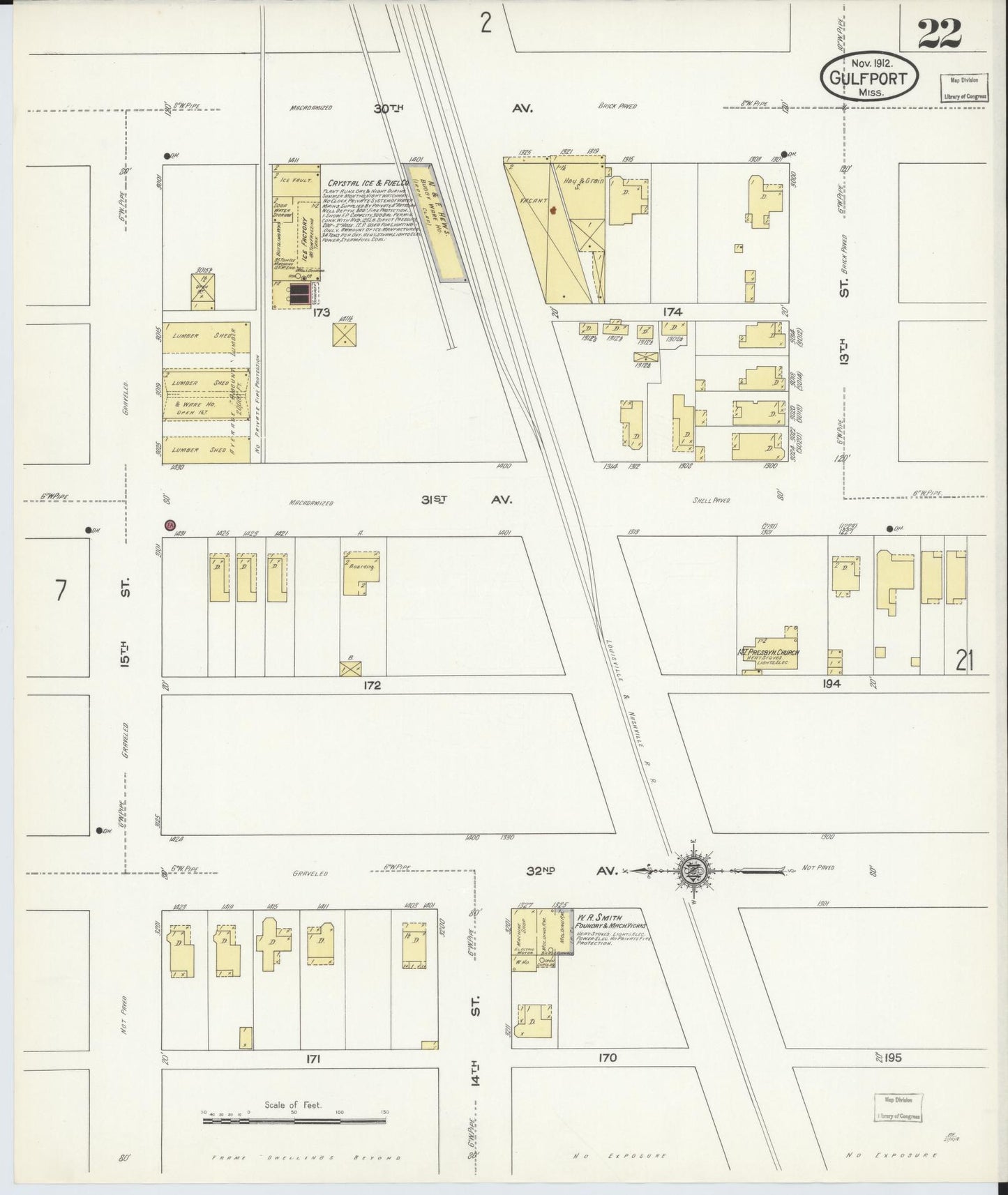 Sanborn Fire Insurance Map from Gulfport, Harrison County, Mississippi (1912), Sheet #0022 - Historic Sanborn Fire Insurance Map Print, vintage old map wall art, antique decor, genealogy gift, Mississippi Mississippi map