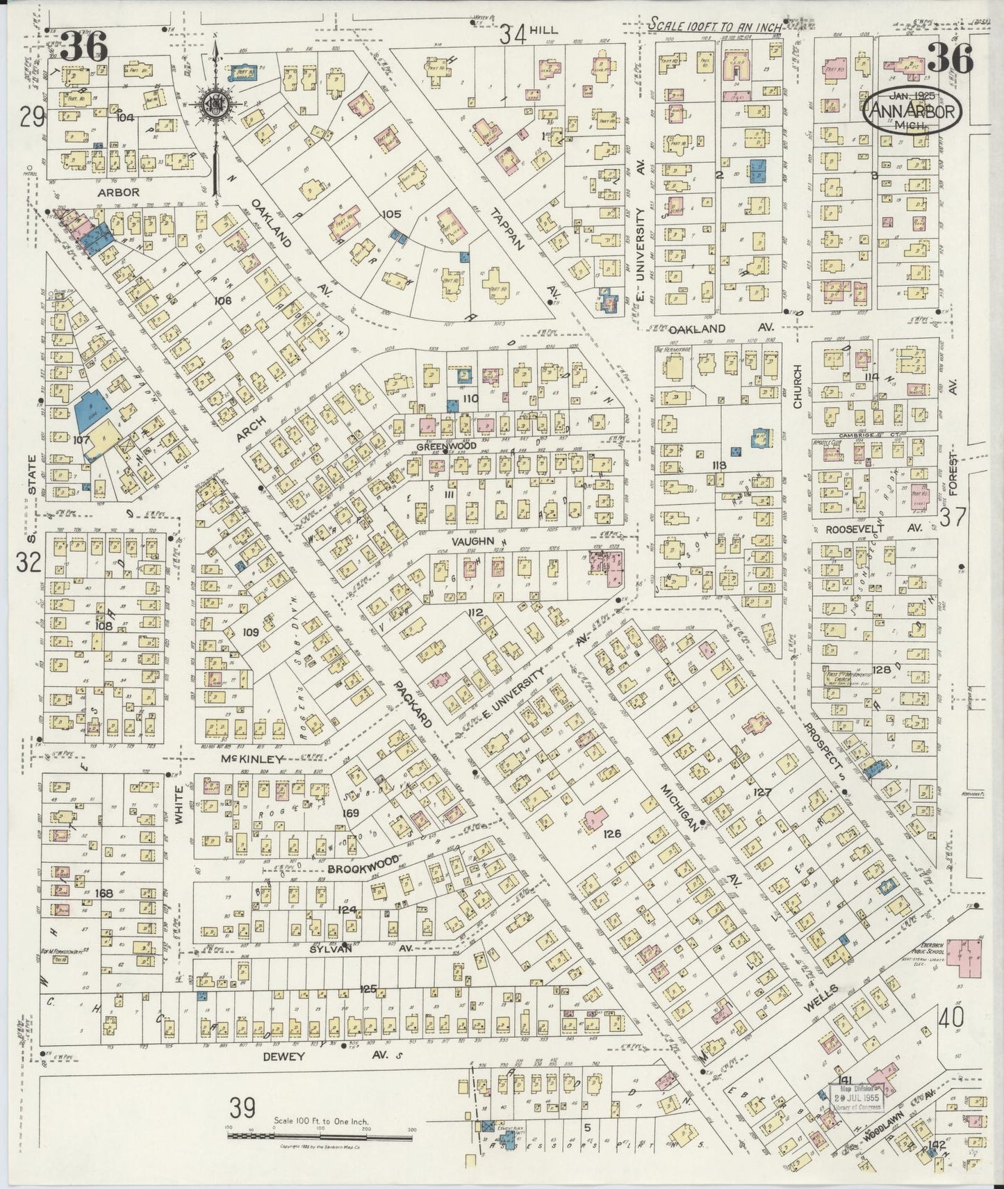 Sanborn Fire Insurance Map from Ann Arbor, Washtenaw County, Michigan (1925), Sheet #0036 - Historic Sanborn Fire Insurance Map Print, vintage old map wall art, antique decor, genealogy gift, Michigan Michigan map