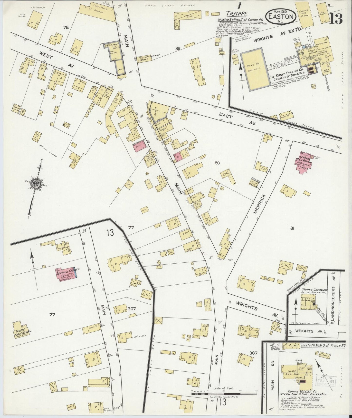 Talbot, Maryland - 1919 - Sanborn Fire Insurance Map, Sheet #0013 - Historic Sanborn Fire Insurance Map Print, Talbot Maryland 1919 0013 vintage old map wall art