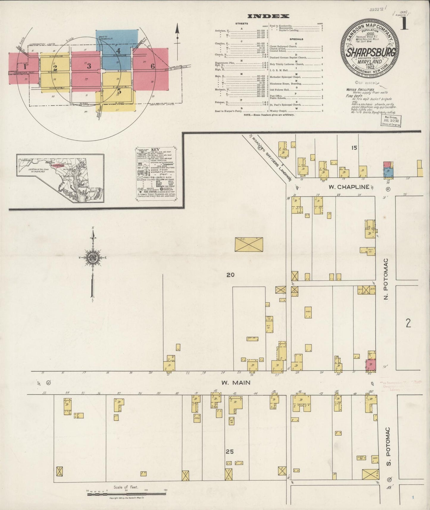 Sanborn Fire Insurance Map from Sharpsburg, Washington County, Maryland (1922), Sheet #0001 - Historic Sanborn Fire Insurance Map Print, vintage old map wall art, antique decor, genealogy gift, Maryland Maryland map