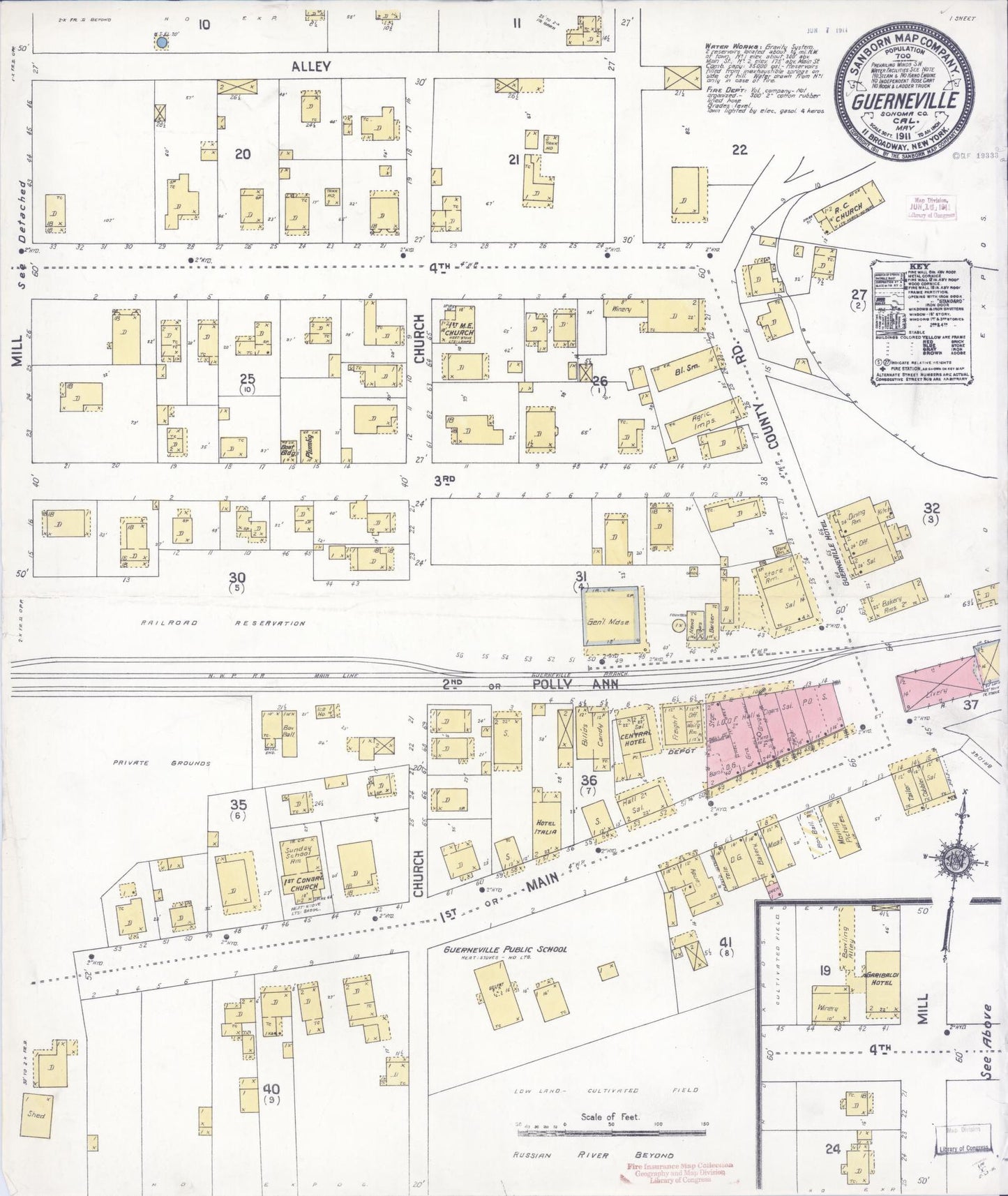 Sanborn Fire Insurance Map from Guerneville, Sonoma County, California (1911), Sheet #0001 - Historic Sanborn Fire Insurance Map Print, vintage old map wall art, antique decor, genealogy gift, California California map