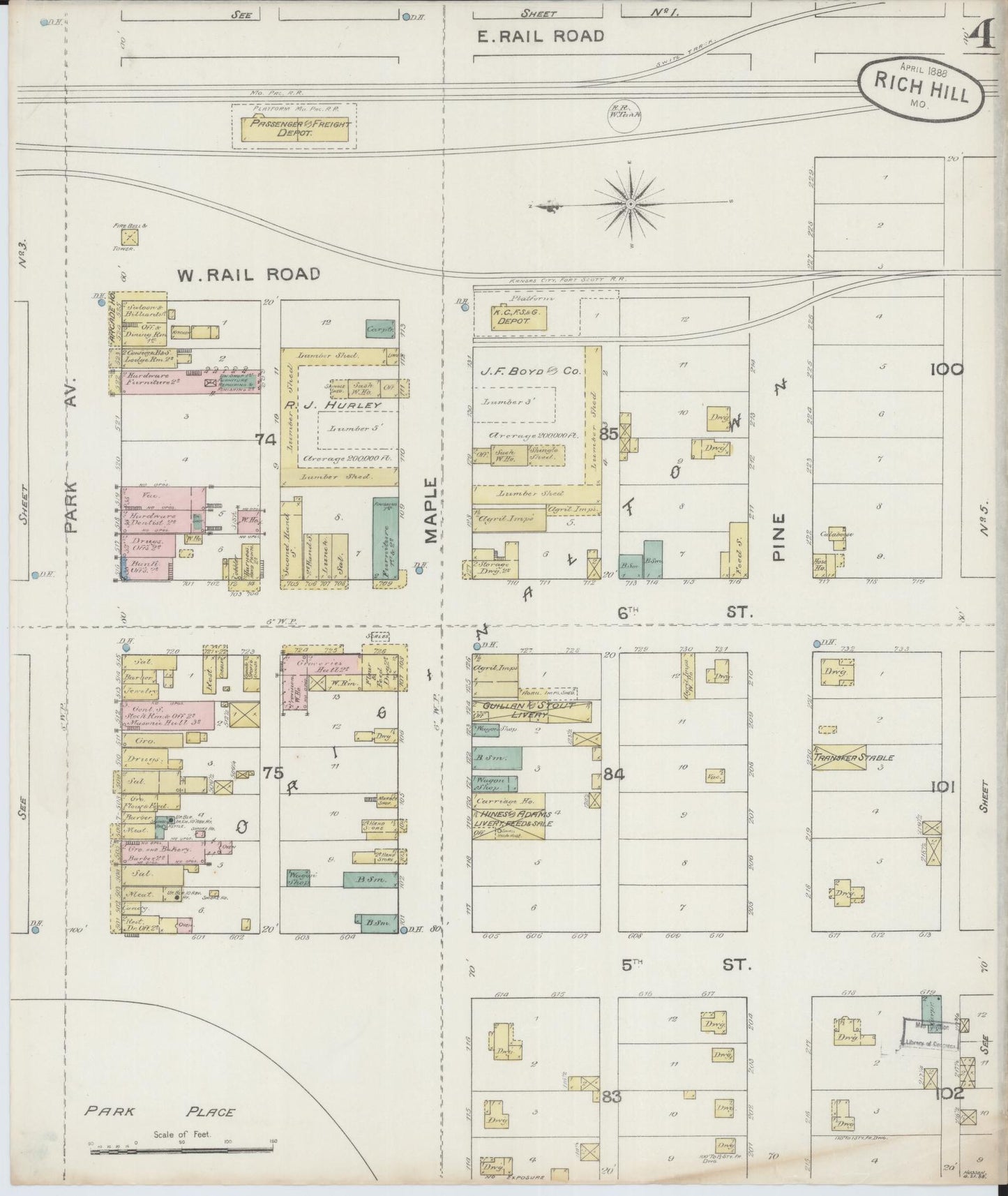 Sanborn Fire Insurance Map from Rich Hill, Bates County, Missouri (1888), Sheet #0004 - Historic Sanborn Fire Insurance Map Print, vintage old map wall art, antique decor, genealogy gift, Missouri Missouri map