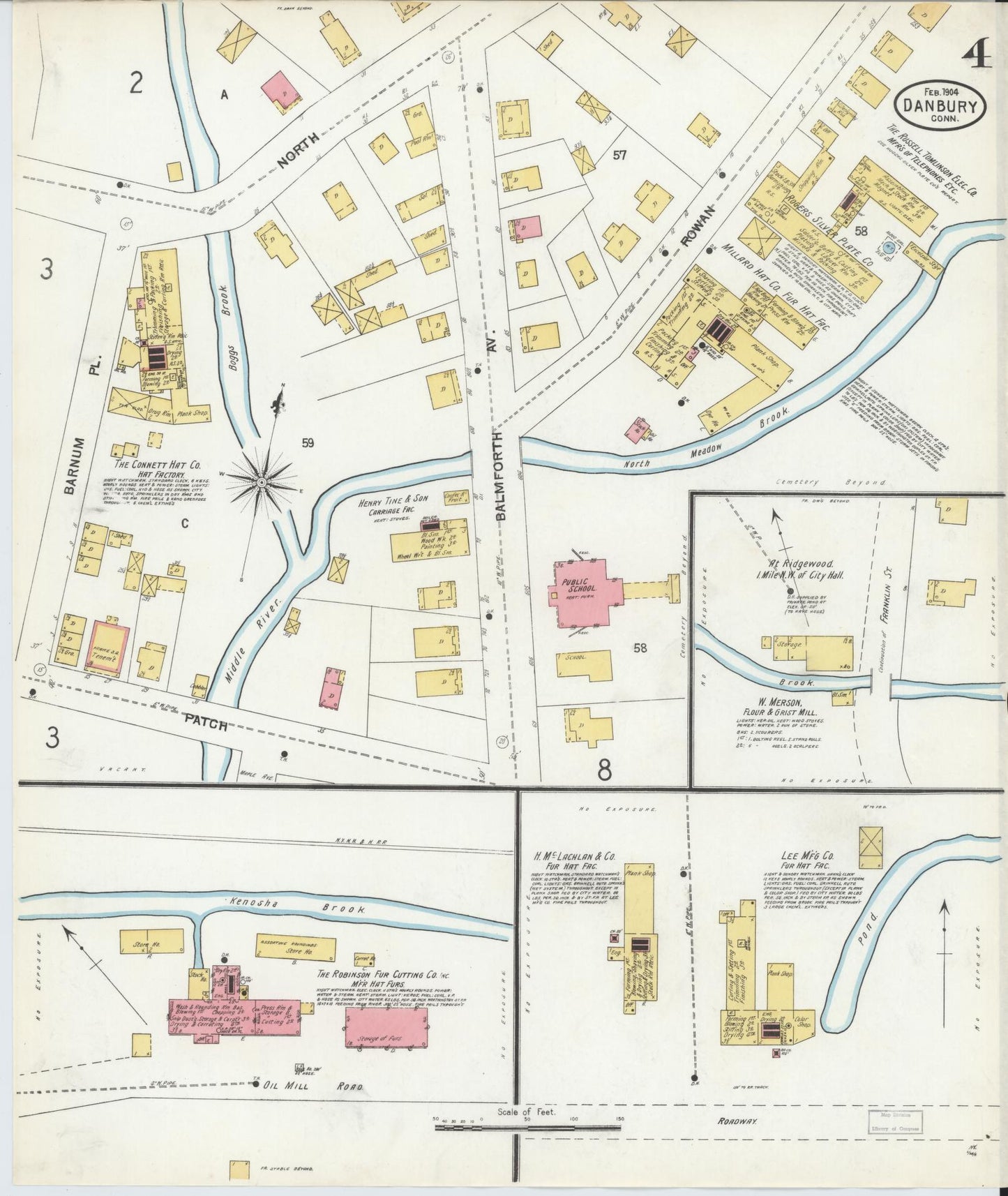 Sanborn Fire Insurance Map from Danbury, Fairfield County, Connecticut (1904), Sheet #0004 - Historic Sanborn Fire Insurance Map Print, vintage old map wall art, antique decor, genealogy gift, Connecticut Connecticut map