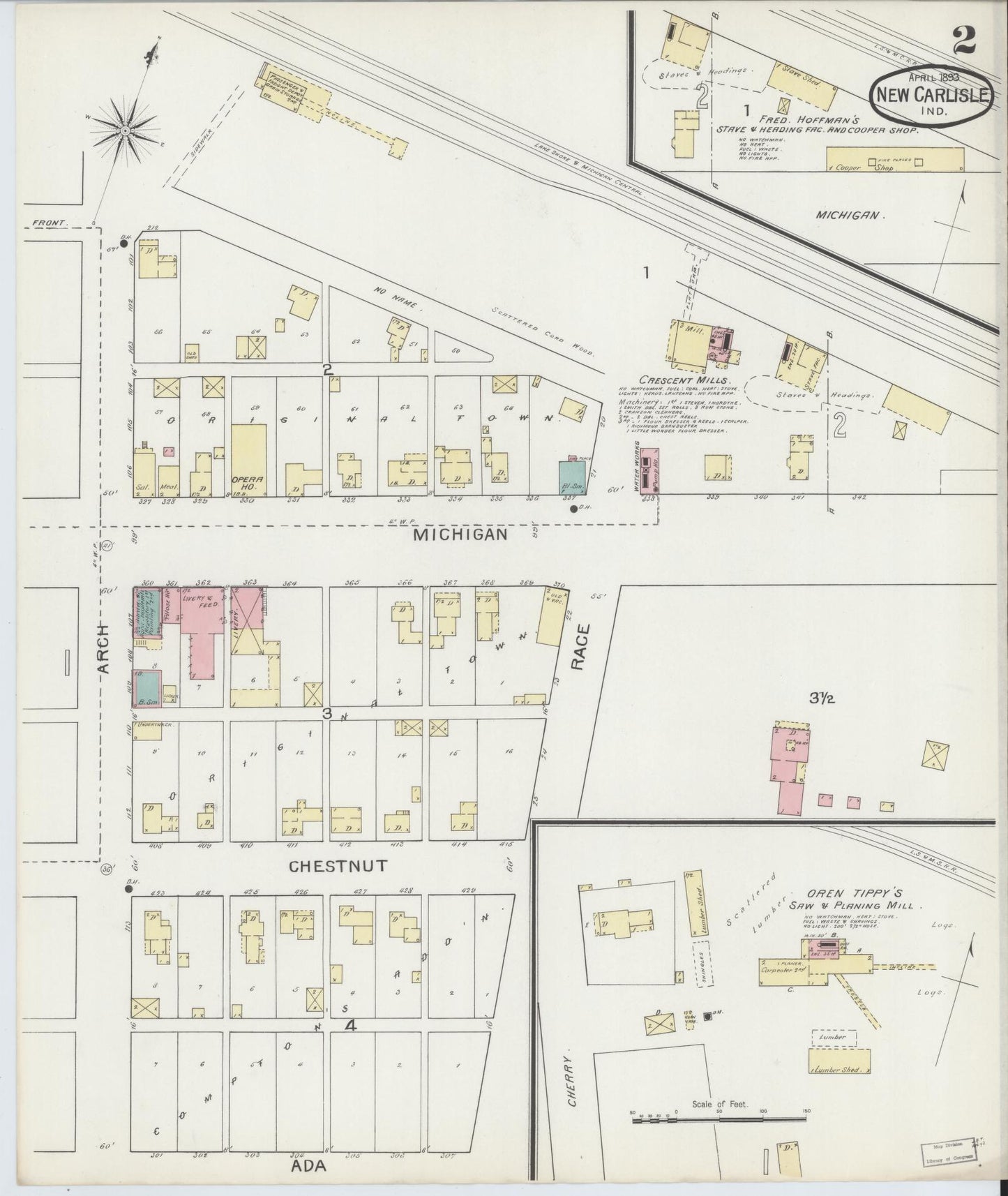 Sanborn Fire Insurance Map from New Carlisle, Saint Joseph County, Indiana (1893), Sheet #0002 - Historic Sanborn Fire Insurance Map Print, vintage old map wall art, antique decor, genealogy gift, Indiana Indiana map