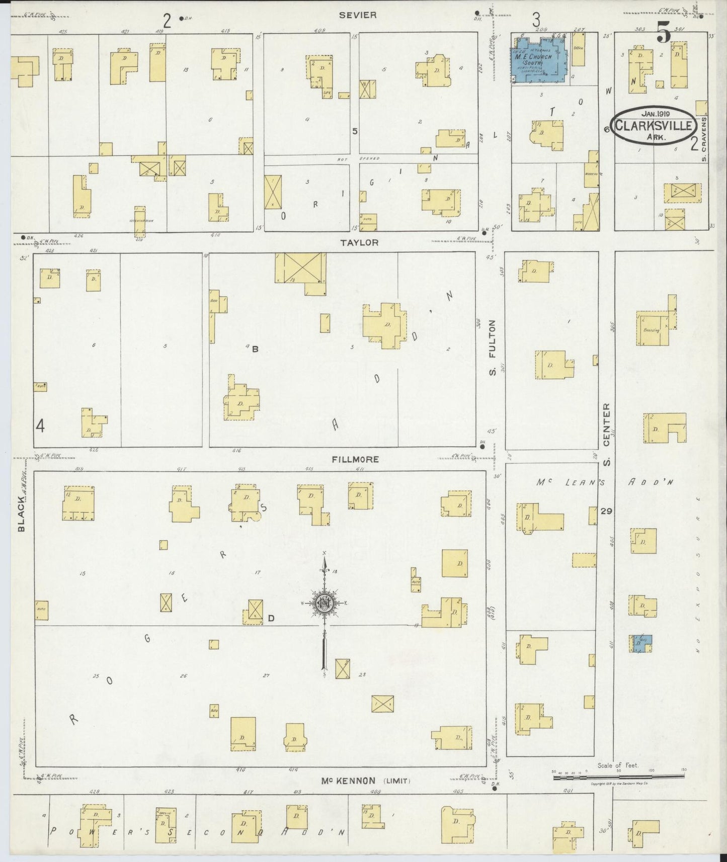 Sanborn Fire Insurance Map from Clarksville, Johnson County, Arkansas (1919), Sheet #0005 - Historic Sanborn Fire Insurance Map Print, vintage old map wall art, antique decor, genealogy gift, Arkansas Arkansas map