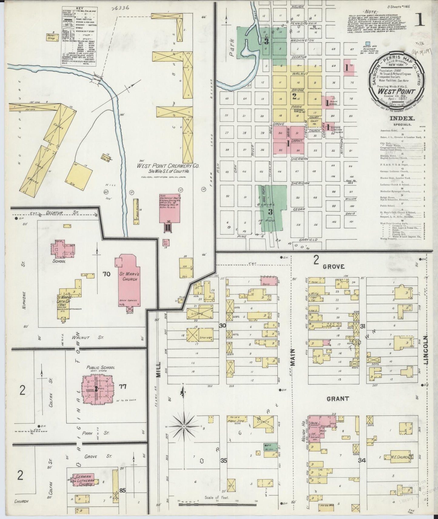 Sanborn Fire Insurance Map from West Point, Cuming County, Nebraska (1897), Sheet #0001 - Historic Sanborn Fire Insurance Map Print, vintage old map wall art, antique decor, genealogy gift, Nebraska Nebraska map