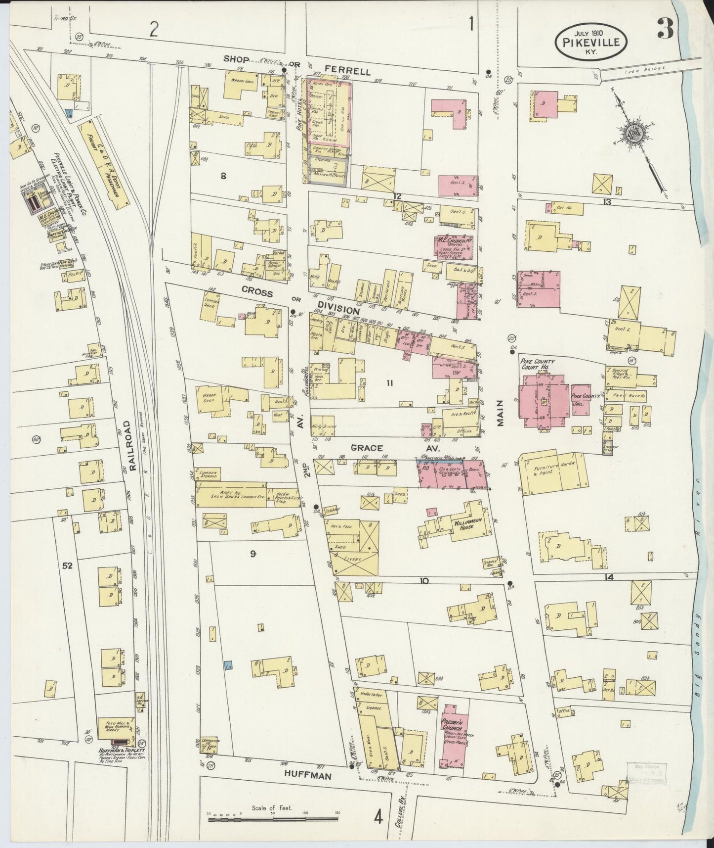 Sanborn Fire Insurance Map from Pikeville, Pike County, Kentucky (1910), Sheet #0003 - Historic Sanborn Fire Insurance Map Print, vintage old map wall art, antique decor, genealogy gift, Kentucky Kentucky map