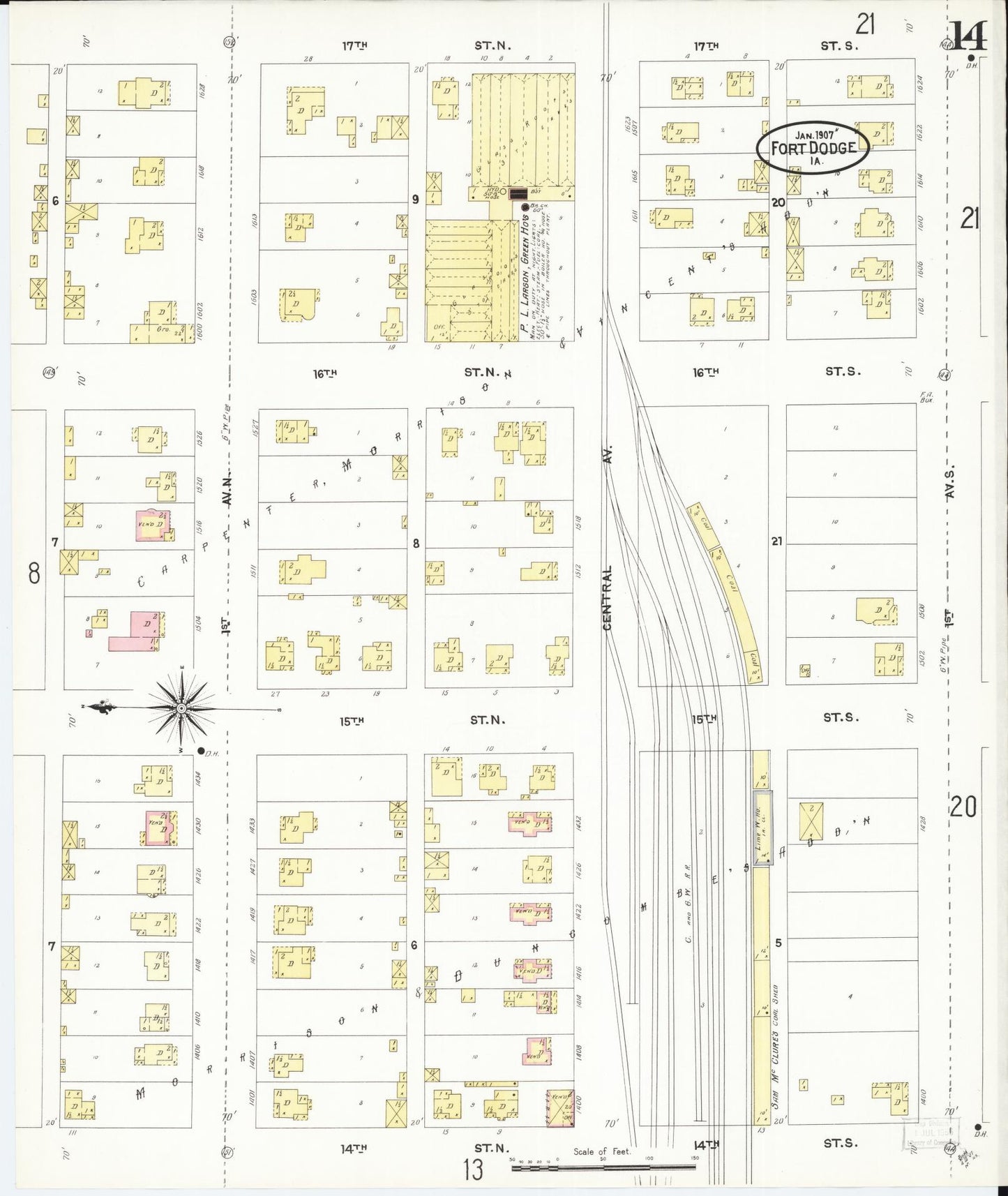Sanborn Fire Insurance Map from Fort Dodge, Webster County, Iowa (1907), Sheet #0014 - Historic Sanborn Fire Insurance Map Print, vintage old map wall art