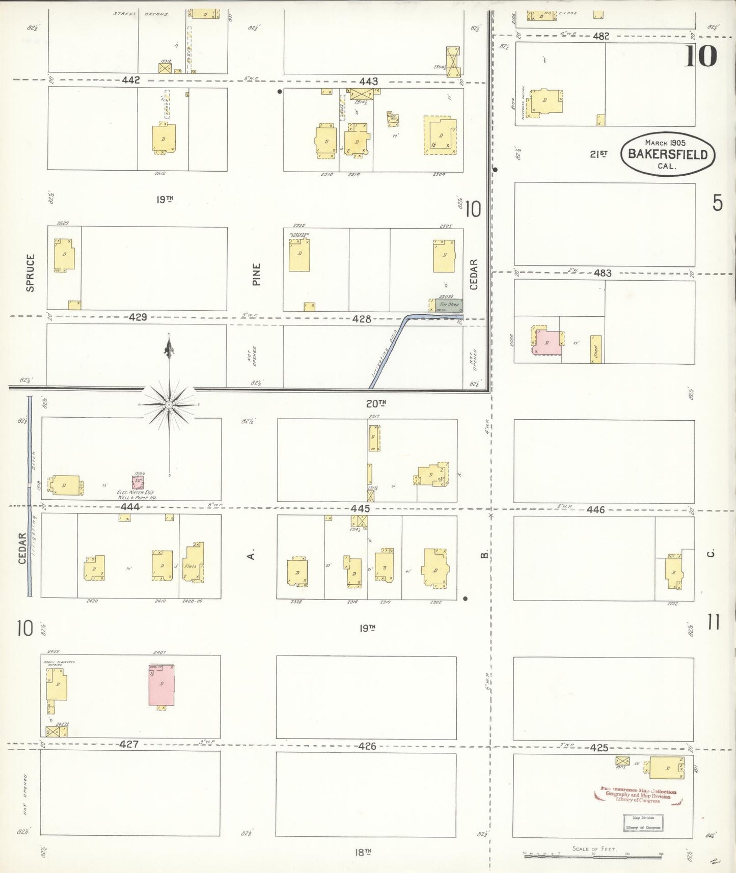 Sanborn Fire Insurance Map from Bakersfield, Kern County, California (1905), Sheet #0010 - Historic Sanborn Fire Insurance Map Print, vintage old map wall art, antique decor, genealogy gift, California California map
