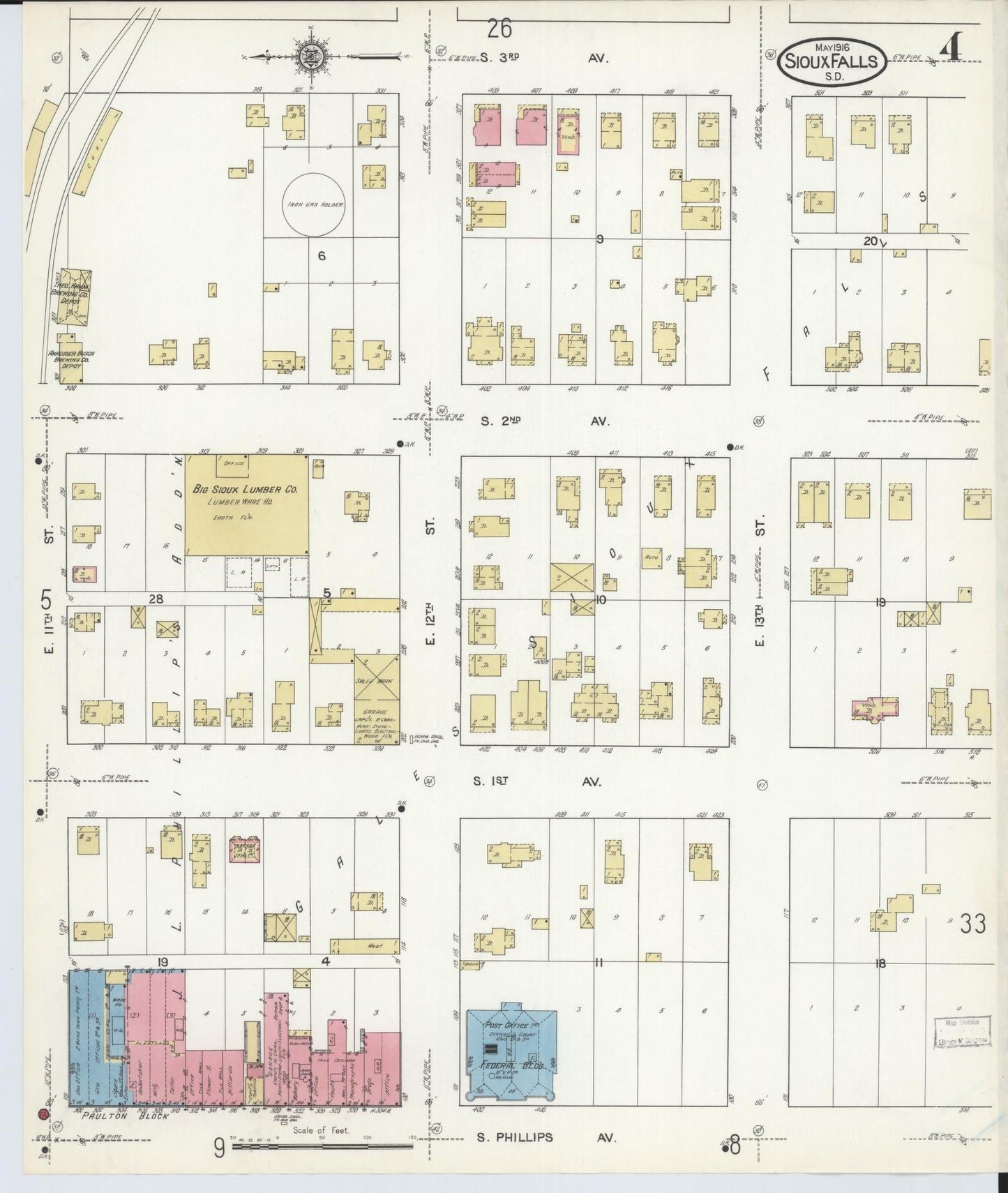 Sanborn Fire Insurance Map from Sioux Falls, Minnehaha County, South Dakota (1916), Sheet #0004 - Historic Sanborn Fire Insurance Map Print, vintage old map wall art, antique decor, genealogy gift, South Dakota South Dakota map