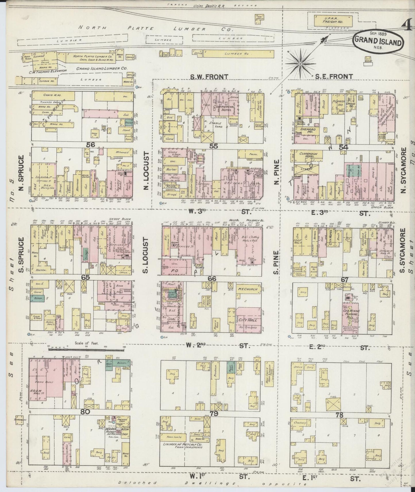 Sanborn Fire Insurance Map from Grand Island, Hall County, Nebraska (1889), Sheet #0004 - Historic Sanborn Fire Insurance Map Print, vintage old map wall art, antique decor, genealogy gift, Nebraska Nebraska map