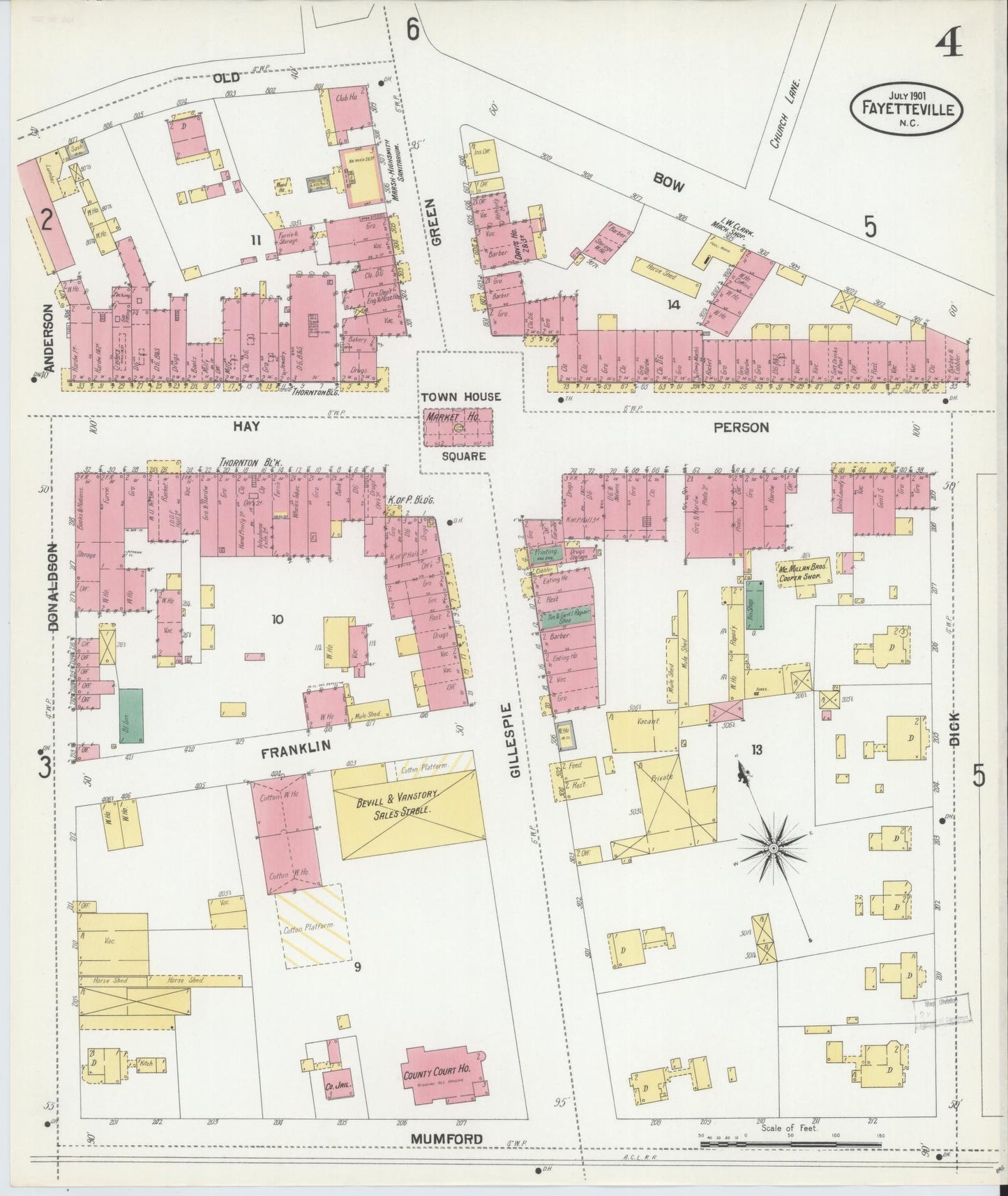 Sanborn Fire Insurance Map from Fayetteville, Cumberland County, North Carolina (1901), Sheet #0004 - Historic Sanborn Fire Insurance Map Print, vintage old map wall art, antique decor, genealogy gift, North Carolina North Carolina map