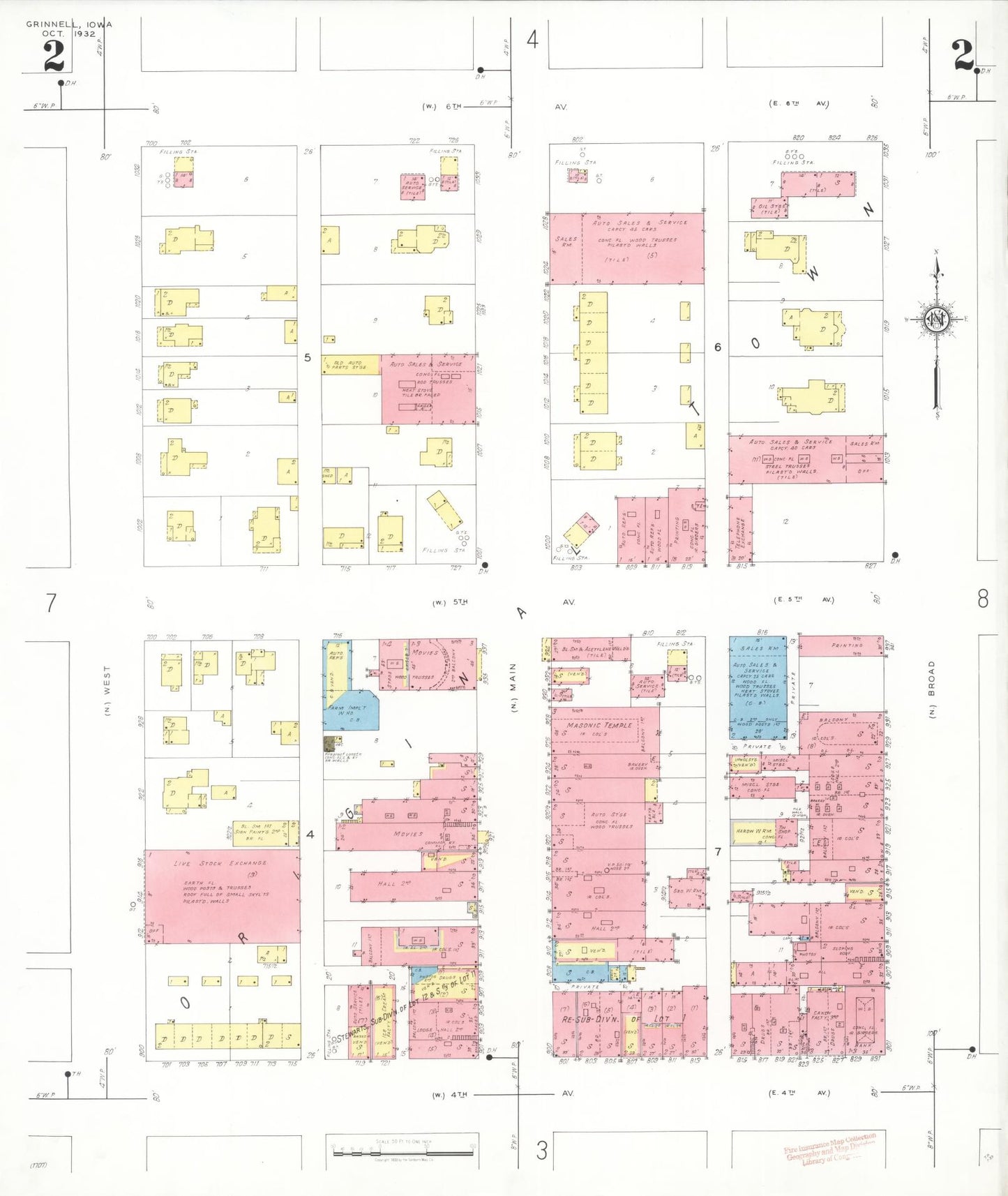 Sanborn Fire Insurance Map from Grinnell, Poweshiek County, Iowa (1932), Sheet #0002 - Historic Sanborn Fire Insurance Map Print, vintage old map wall art
