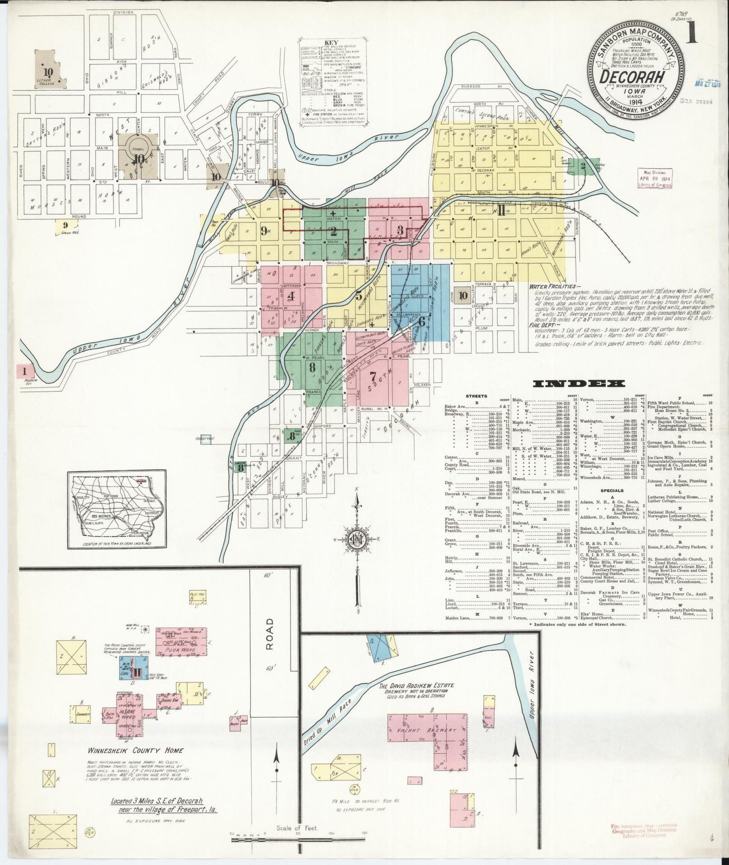 Sanborn Fire Insurance Map from Decorah, Winneshiek County, Iowa (1914), Sheet #0001 - Historic Sanborn Fire Insurance Map Print, vintage old map wall art