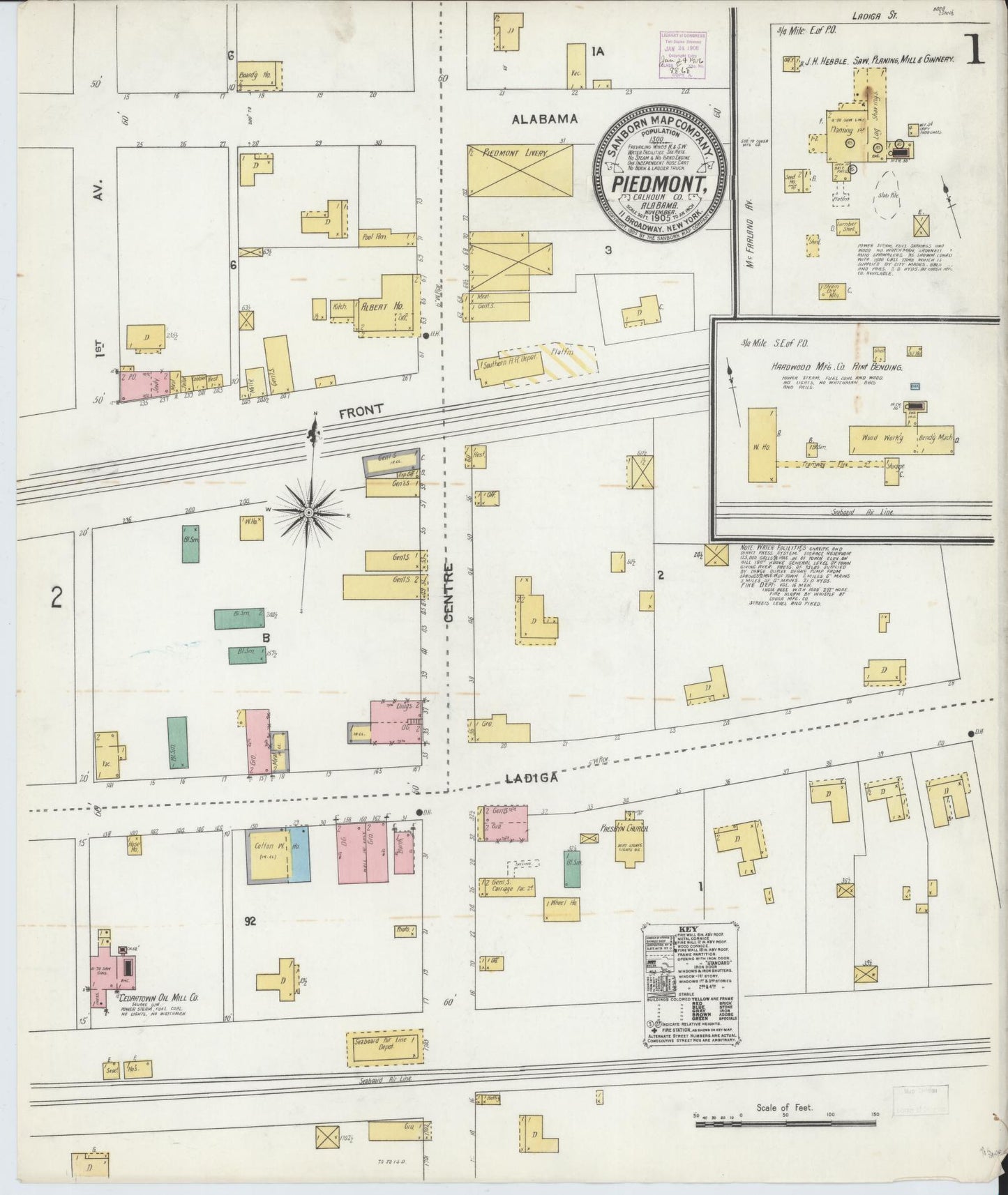 Sanborn Fire Insurance Map from Piedmont, Calhoun County, Alabama (1905), Sheet #0001 - Historic Sanborn Fire Insurance Map Print, vintage old map wall art, antique decor, genealogy gift, Alabama Alabama map