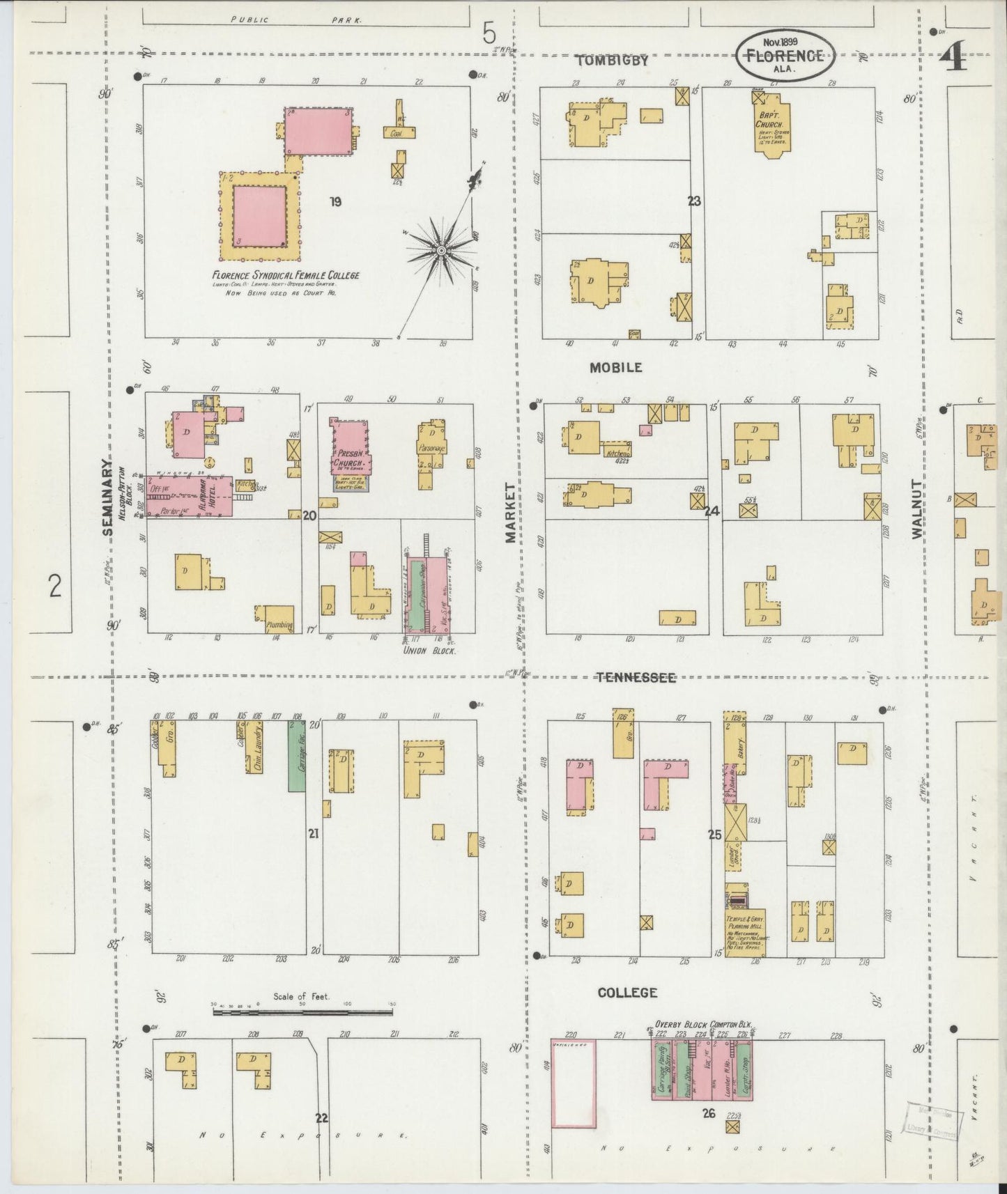 Sanborn Fire Insurance Map from Florence, Lauderdale County, Alabama (1899), Sheet #0004 - Historic Sanborn Fire Insurance Map Print, vintage old map wall art, antique decor, genealogy gift, Alabama Alabama map