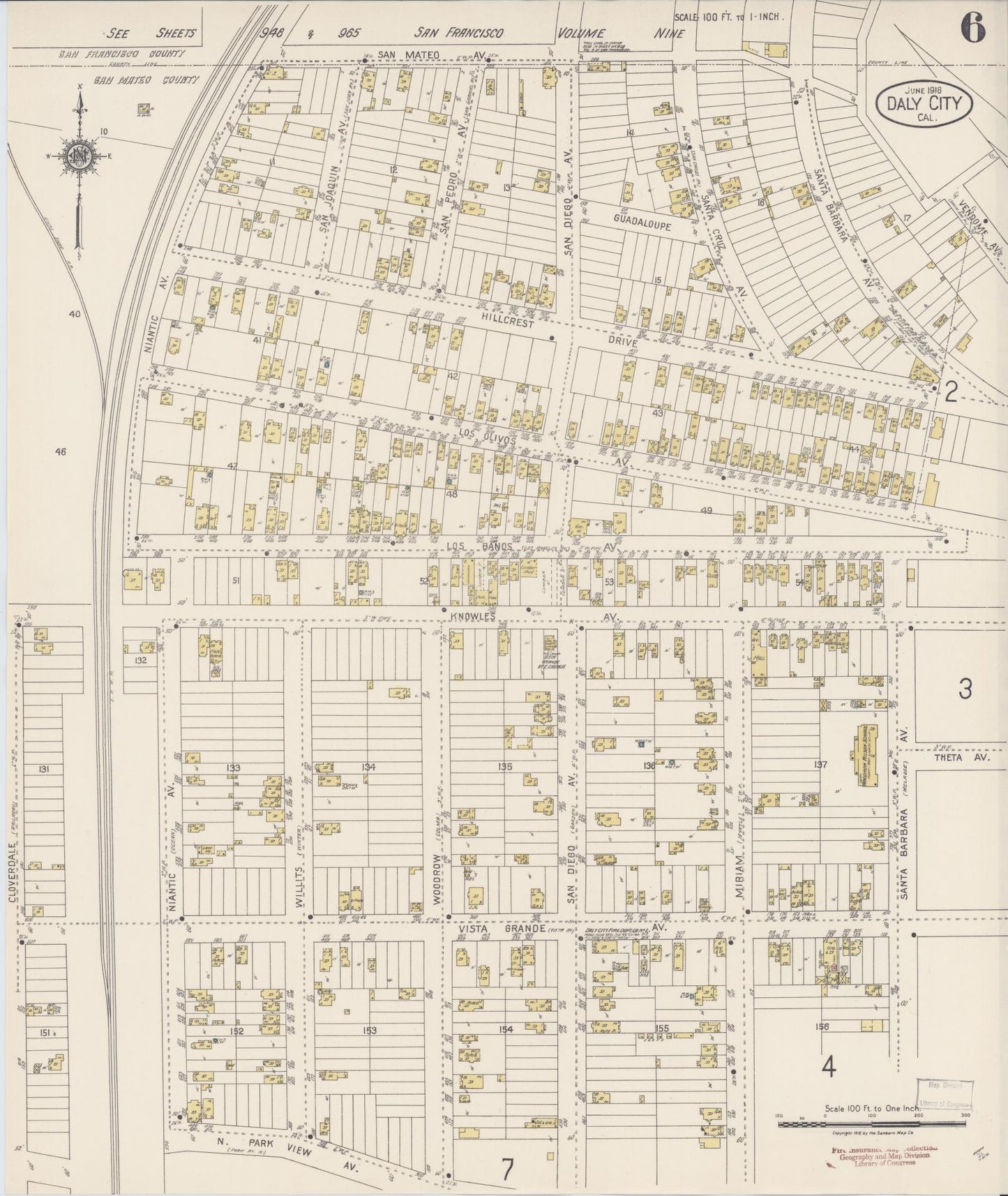 Sanborn Fire Insurance Map from Daly City, San Mateo County, California (1918), Sheet #0006 - Historic Sanborn Fire Insurance Map Print, vintage old map wall art, antique decor, genealogy gift, California California map