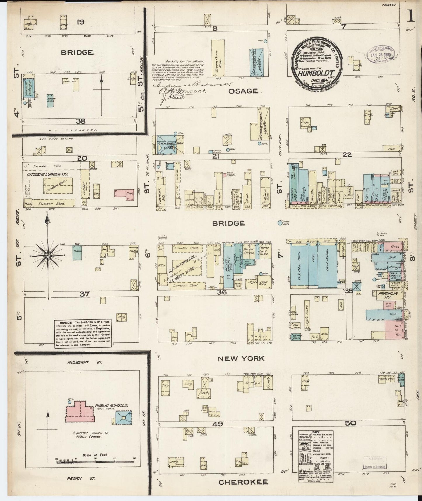 Sanborn Fire Insurance Map from Humboldt, Allen County, Kansas (1884), Sheet #0001 - Historic Sanborn Fire Insurance Map Print, vintage old map wall art, antique decor, genealogy gift, Kansas Kansas map