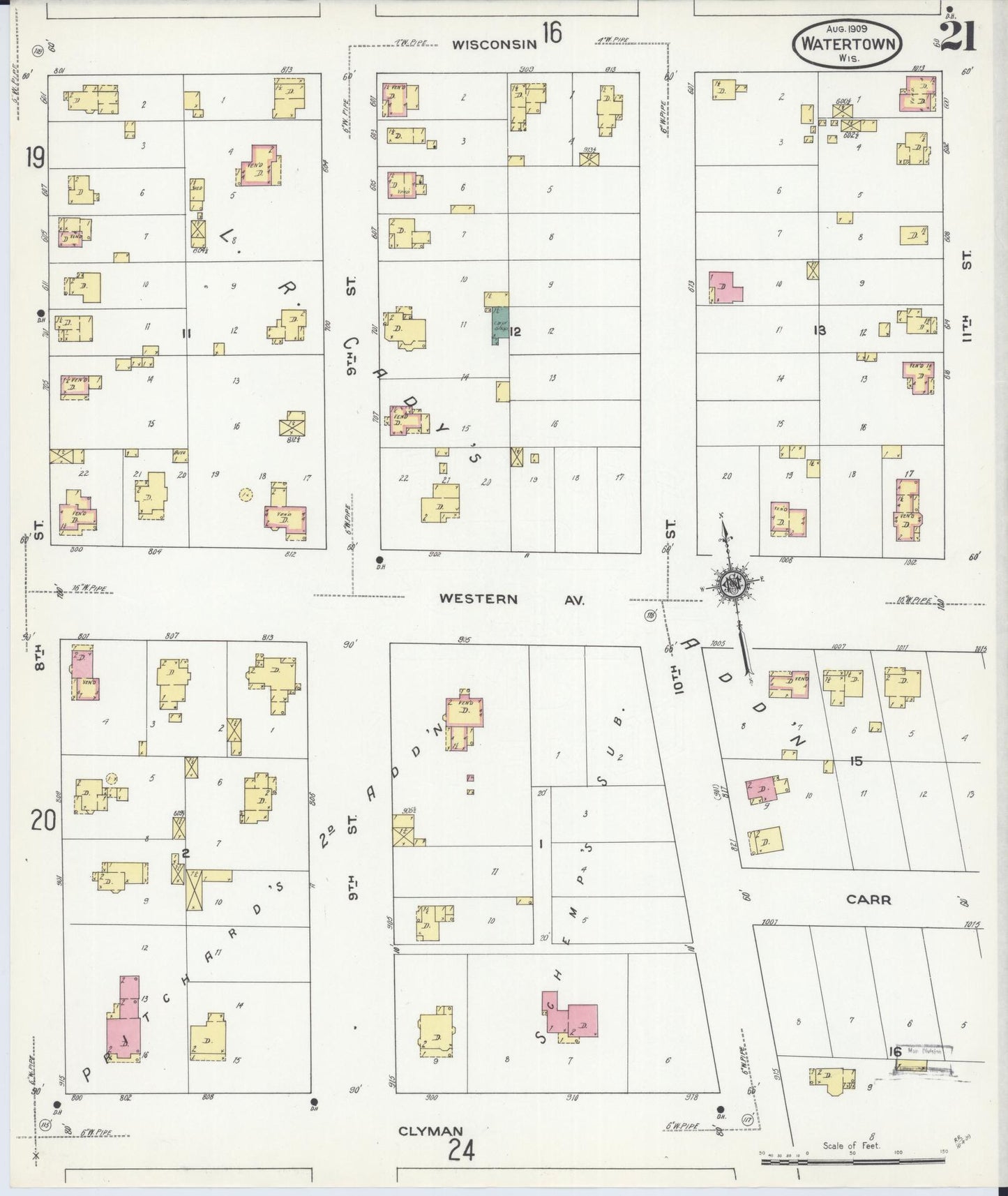 Sanborn Fire Insurance Map from Watertown, Jefferson County, Wisconsin (1909), Sheet #0021 - Historic Sanborn Fire Insurance Map Print, vintage old map wall art, antique decor, genealogy gift, Wisconsin Wisconsin map