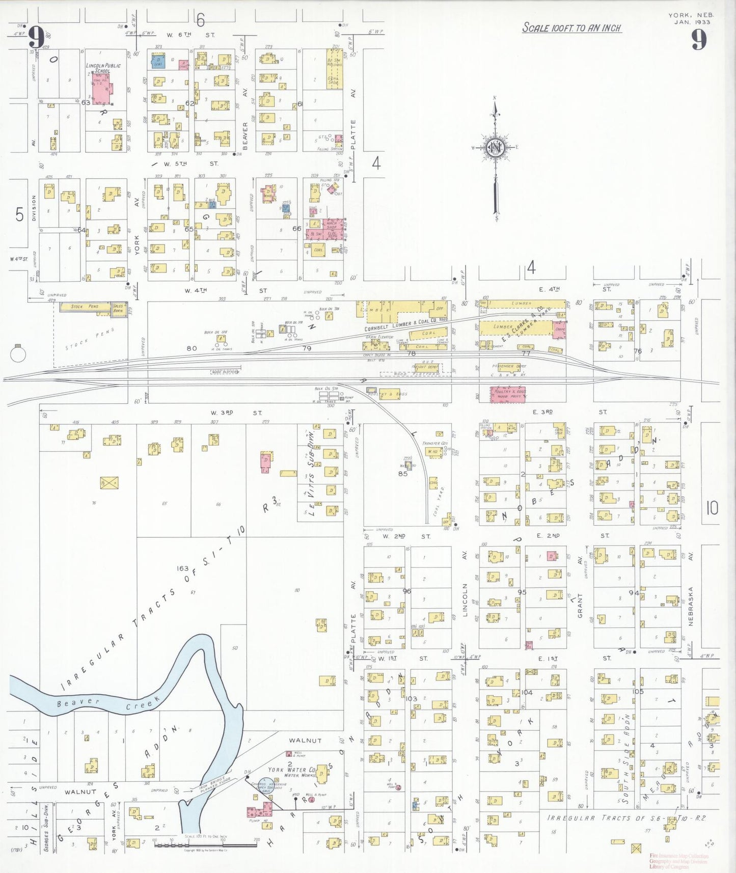 Sanborn Fire Insurance Map from York, York County, Nebraska (1933), Sheet #0009 - Historic Sanborn Fire Insurance Map Print, vintage old map wall art, antique decor, genealogy gift, Nebraska Nebraska map