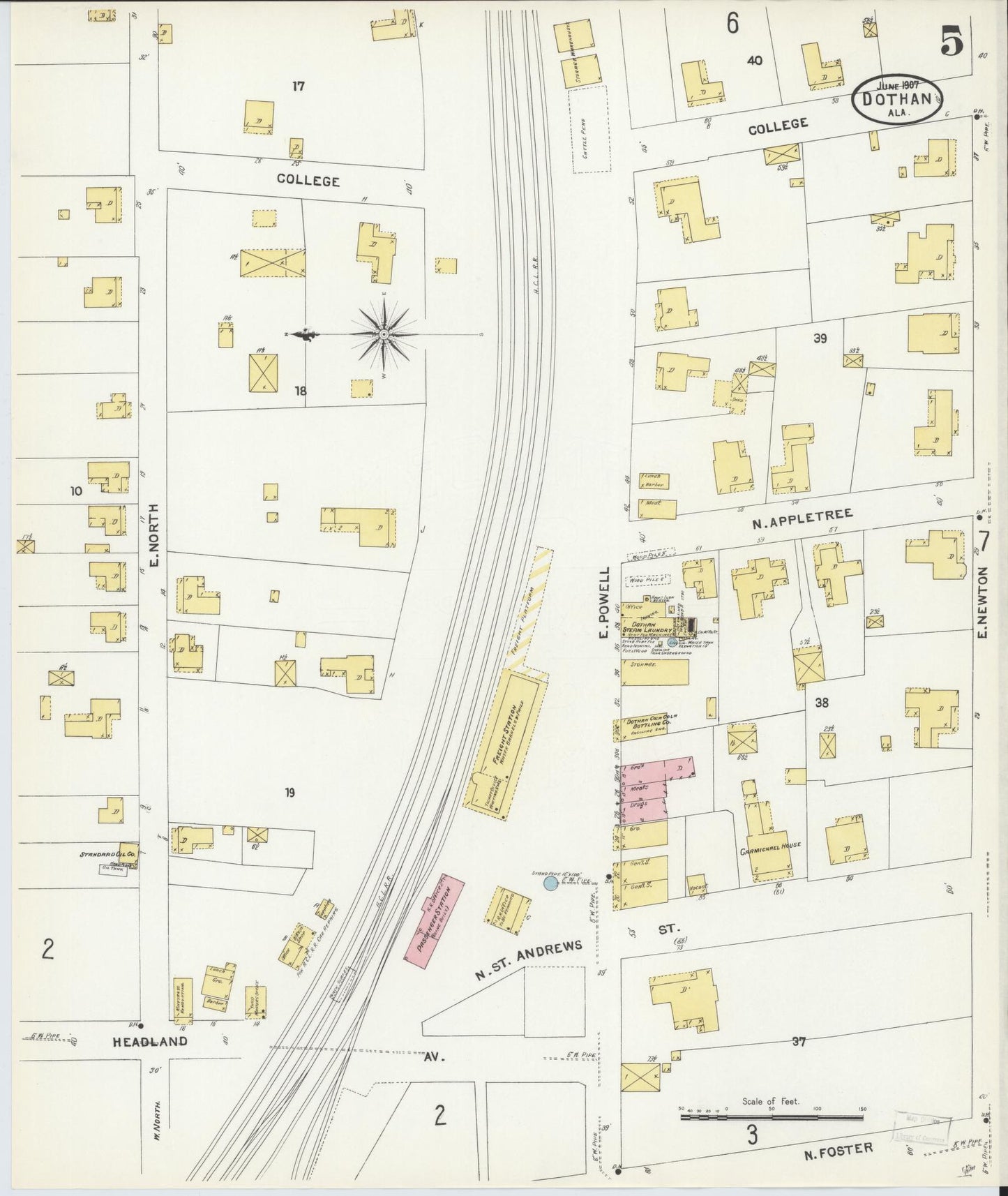 Sanborn Fire Insurance Map from Dothan, Houston County, Alabama (1907), Sheet #0005 - Historic Sanborn Fire Insurance Map Print, vintage old map wall art, antique decor, genealogy gift, Alabama Alabama map