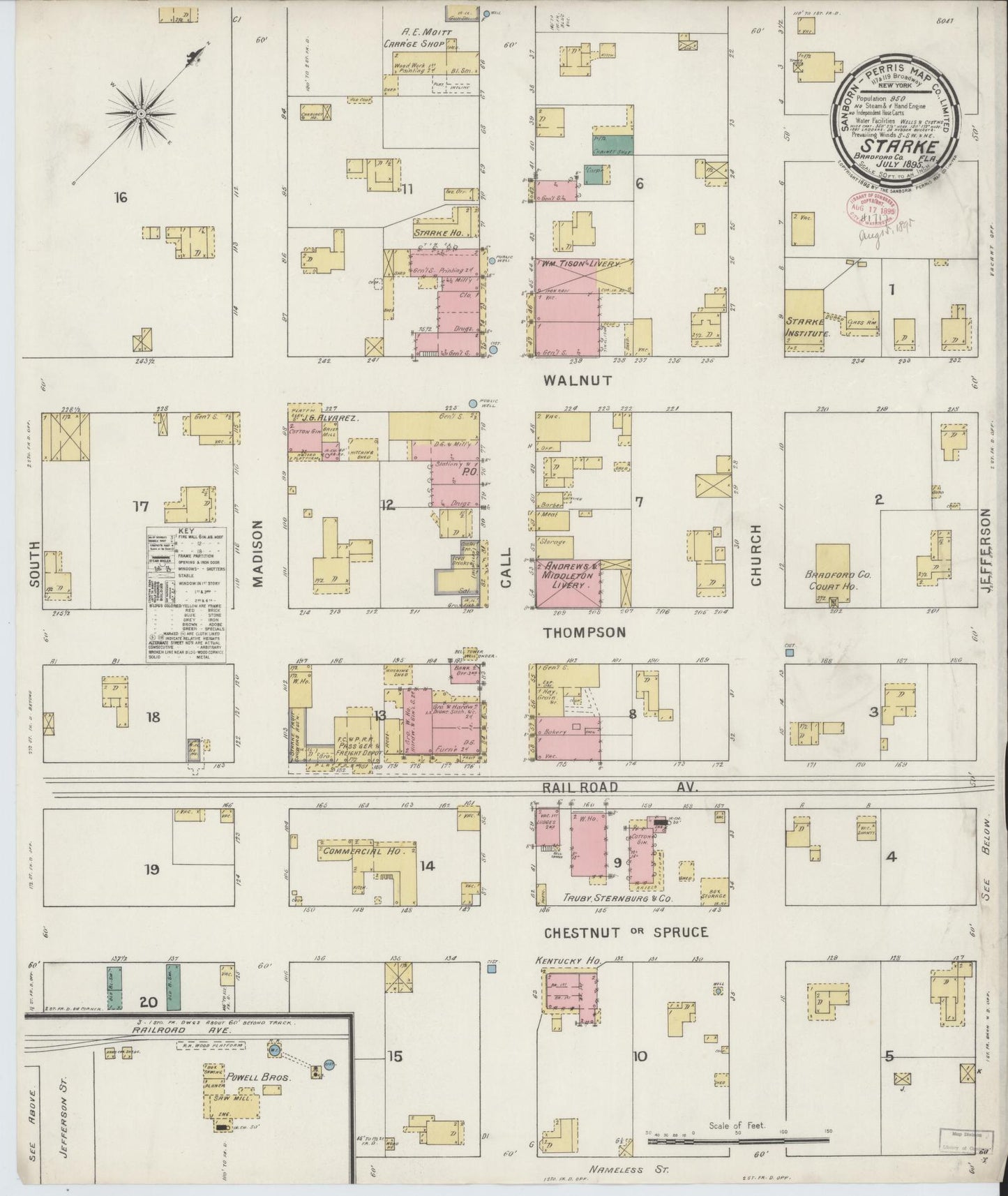 Sanborn Fire Insurance Map from Starke, Bradford County, Florida (1895), Sheet #0001 - Historic Sanborn Fire Insurance Map Print, vintage old map wall art, antique decor, genealogy gift, Florida Florida map
