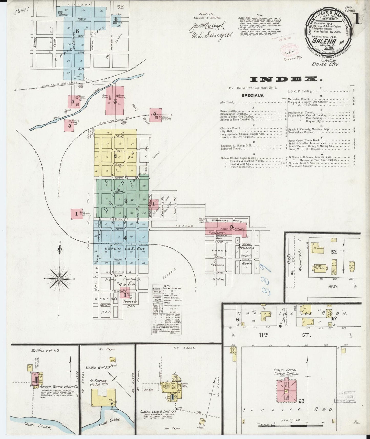 Sanborn Fire Insurance Map from Galena, Cherokee County, Kansas (1894), Sheet #0001 - Historic Sanborn Fire Insurance Map Print, vintage old map wall art, antique decor, genealogy gift, Kansas Kansas map