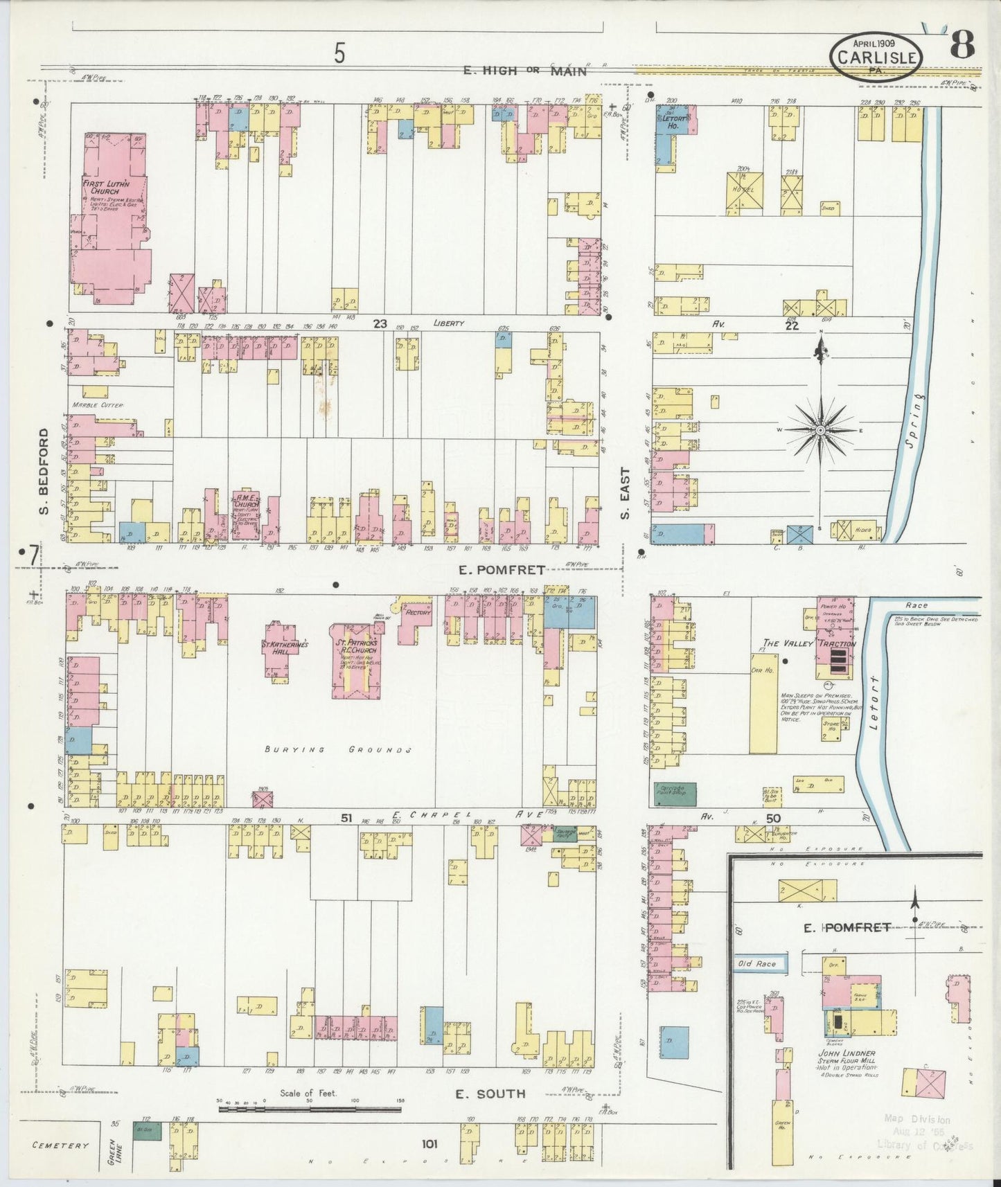 Sanborn Fire Insurance Map from Carlisle, Cumberland County, Pennsylvania (1909), Sheet #0008 - Historic Sanborn Fire Insurance Map Print, vintage old map wall art, antique decor, genealogy gift, Pennsylvania Pennsylvania map