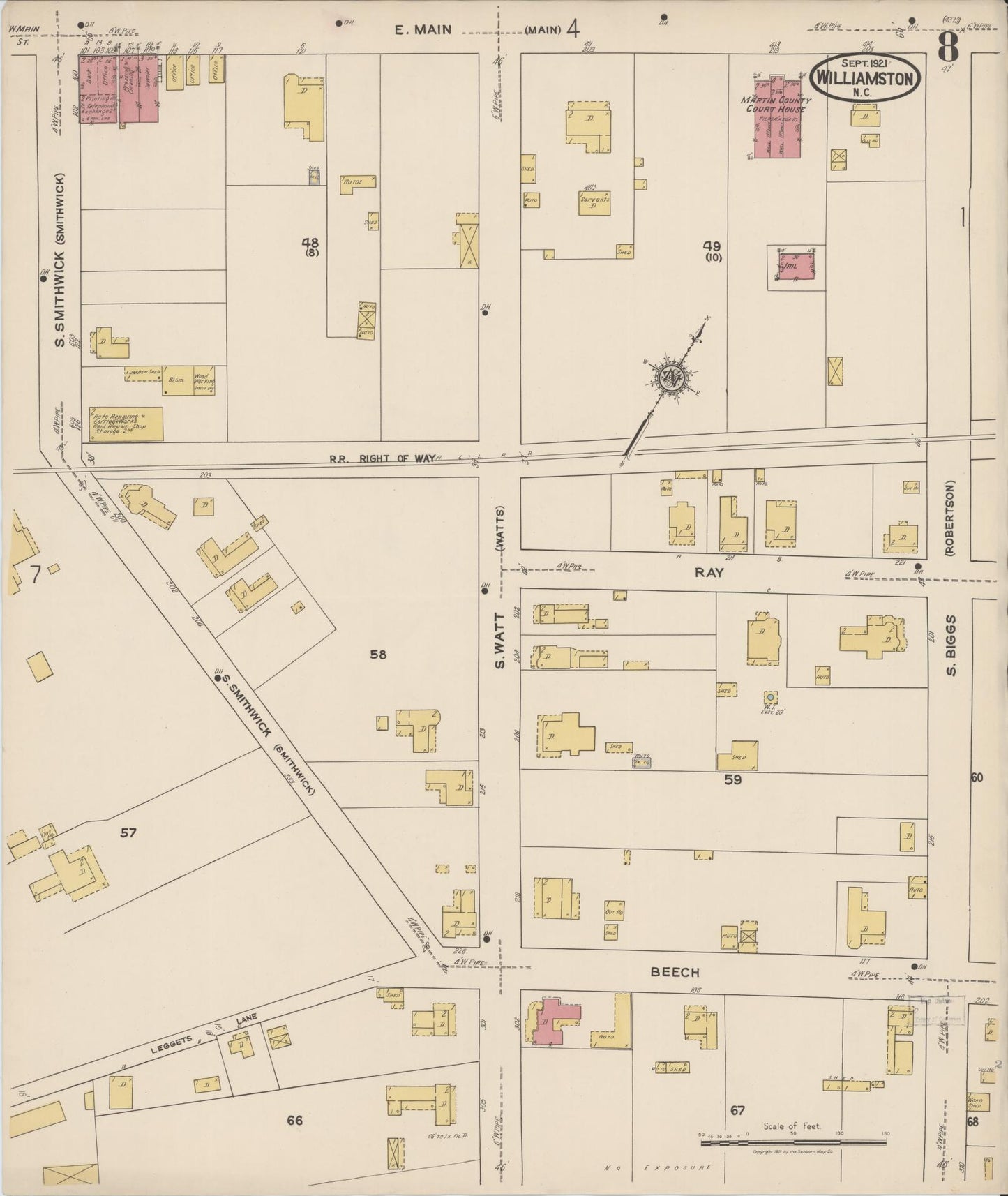 Sanborn Fire Insurance Map from Williamston, Martin County, North Carolina (1921), Sheet #0008 - Historic Sanborn Fire Insurance Map Print, vintage old map wall art, antique decor, genealogy gift, North Carolina North Carolina map
