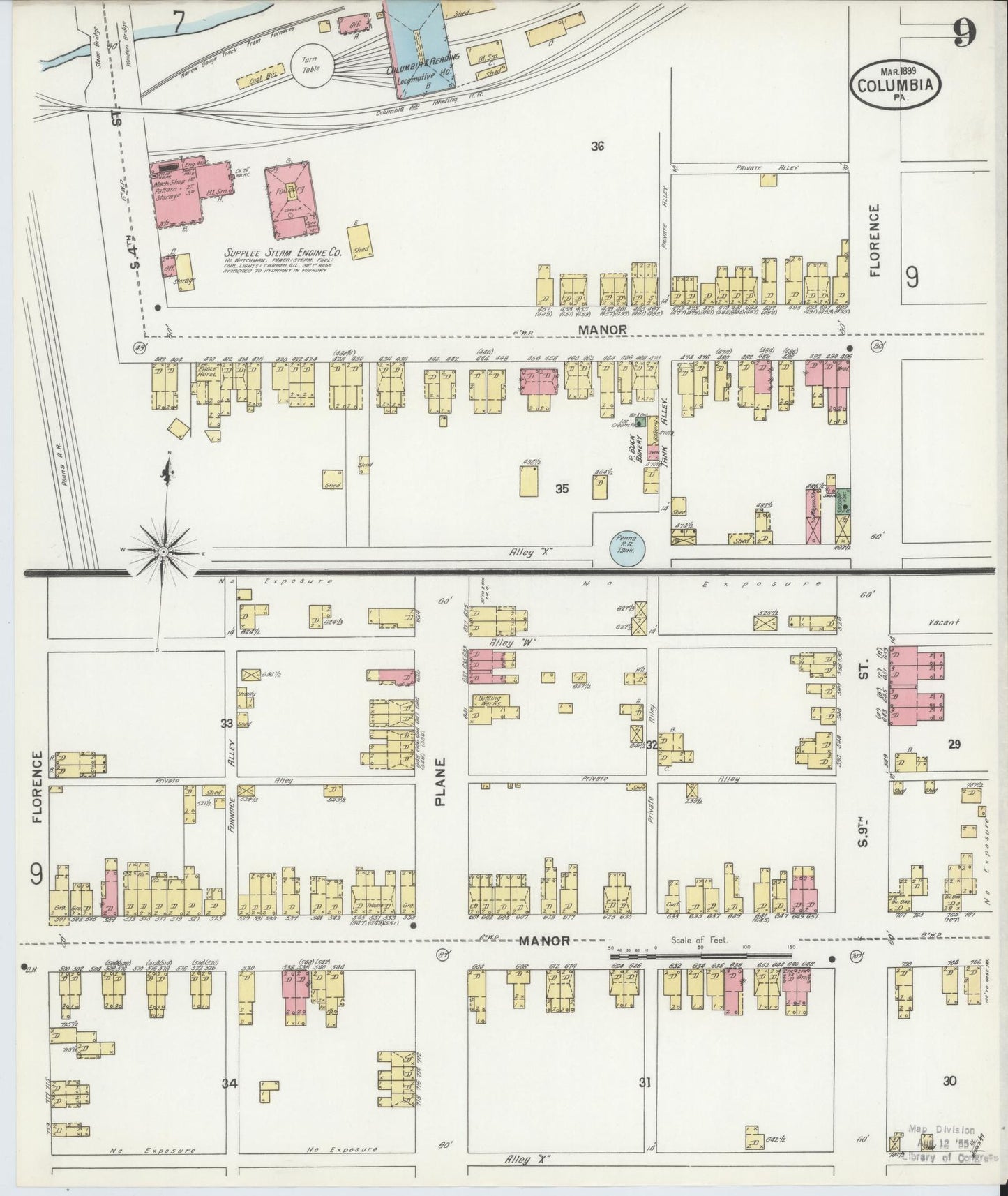 Sanborn Fire Insurance Map from Columbia, Lancaster County, Pennsylvania (1899), Sheet #0009 - Historic Sanborn Fire Insurance Map Print, vintage old map wall art, antique decor, genealogy gift, Pennsylvania Pennsylvania map