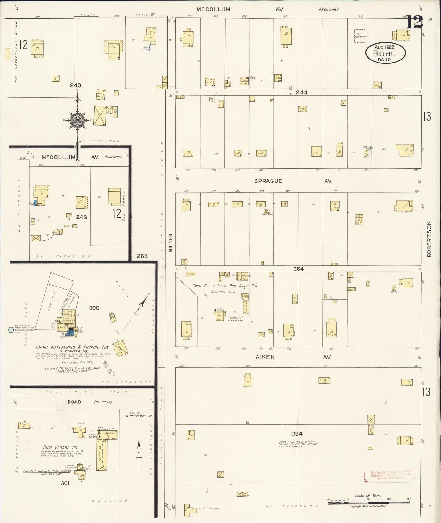 Sanborn Fire Insurance Map from Buhl, Twin Falls County, Idaho (1922), Sheet #0012 - Historic Sanborn Fire Insurance Map Print, vintage old map wall art, antique decor, genealogy gift, Falls Idaho map