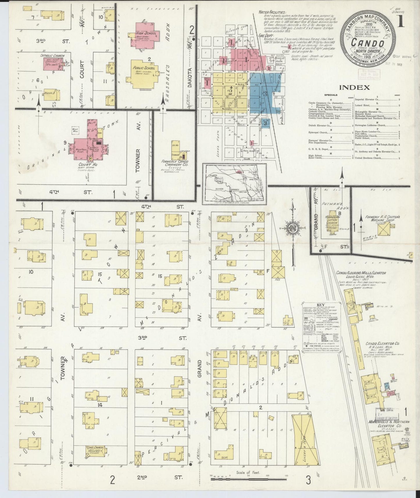 Sanborn Fire Insurance Map from Cando, Towner County, North Dakota (1913), Sheet #0001 - Historic Sanborn Fire Insurance Map Print, vintage old map wall art, antique decor, genealogy gift, North Dakota North Dakota map
