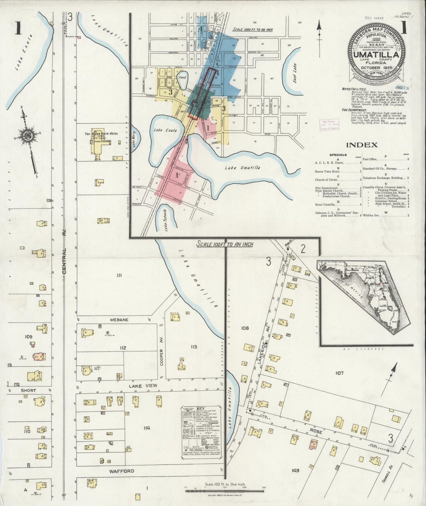 Sanborn Fire Insurance Map from Umatilla, Lake County, Florida (1925), Sheet #0001 - Historic Sanborn Fire Insurance Map Print, vintage old map wall art, antique decor, genealogy gift, Florida Florida map