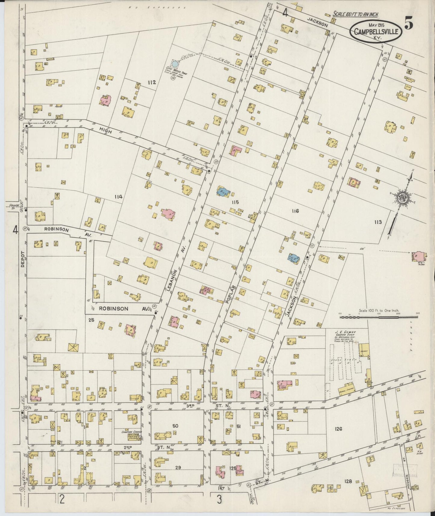 Sanborn Fire Insurance Map from Campbellsville, Taylor County, Kentucky (1915), Sheet #0005 - Complete Map Set gallery image, historic Sanborn map, vintage wall art, Kentucky Kentucky