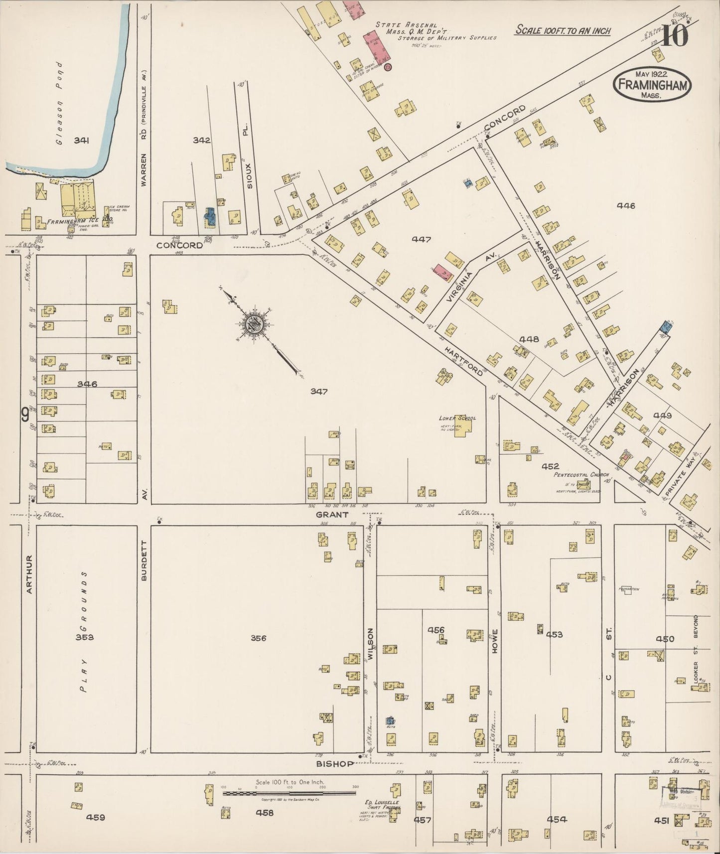 Sanborn Fire Insurance Map from Framingham, Middlesex County, Massachusetts (1922), Sheet #0010 - Historic Sanborn Fire Insurance Map Print, vintage old map wall art, antique decor, genealogy gift, Massachusetts Massachusetts map