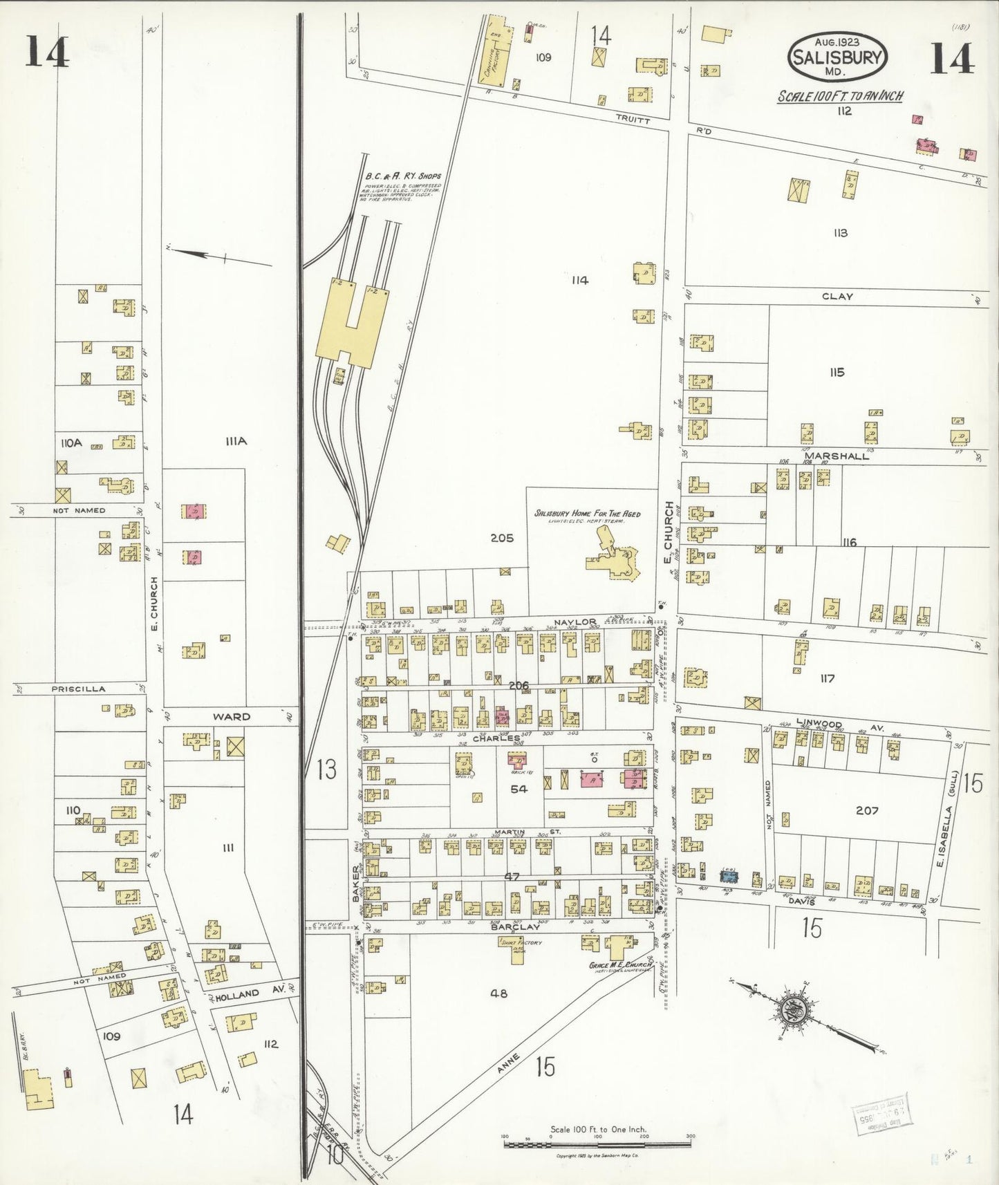 Sanborn Fire Insurance Map from Salisbury, Wicomico County, Maryland (1923), Sheet #0014 - Historic Sanborn Fire Insurance Map Print, vintage old map wall art