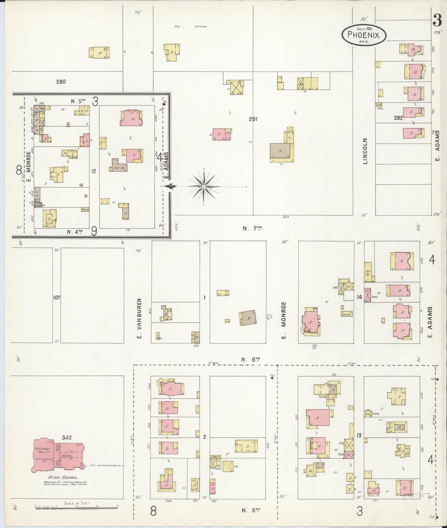 Sanborn Fire Insurance Map from Phoenix, Maricopa County, Arizona (1901), Sheet #0003 - Historic Sanborn Fire Insurance Map Print, vintage old map wall art, antique decor, genealogy gift, Arizona Arizona map
