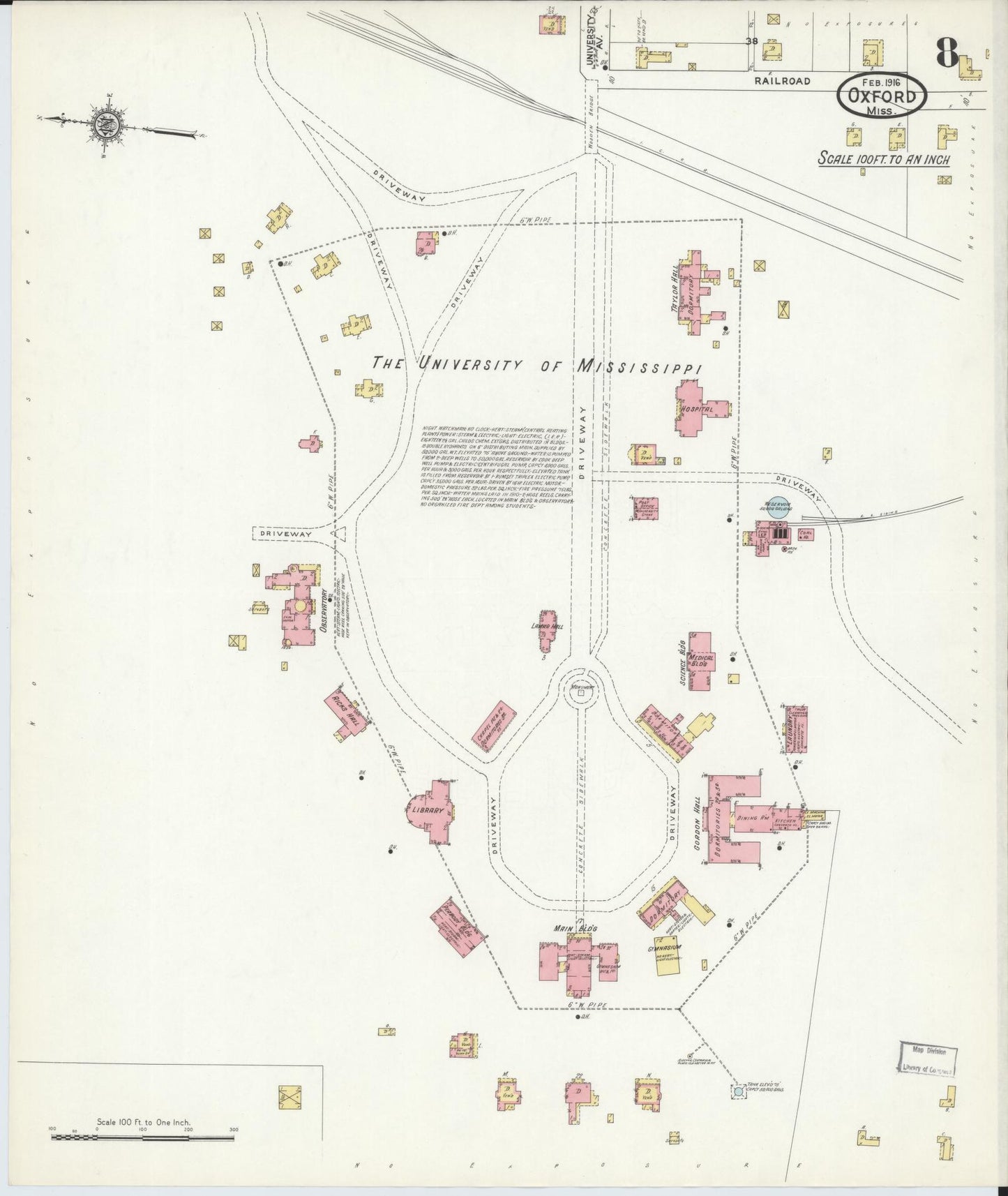 Sanborn Fire Insurance Map from Oxford, Lafayette County, Mississippi (1916), Sheet #0008 - Complete Map Set gallery image, historic Sanborn map, vintage wall art, Mississippi Mississippi