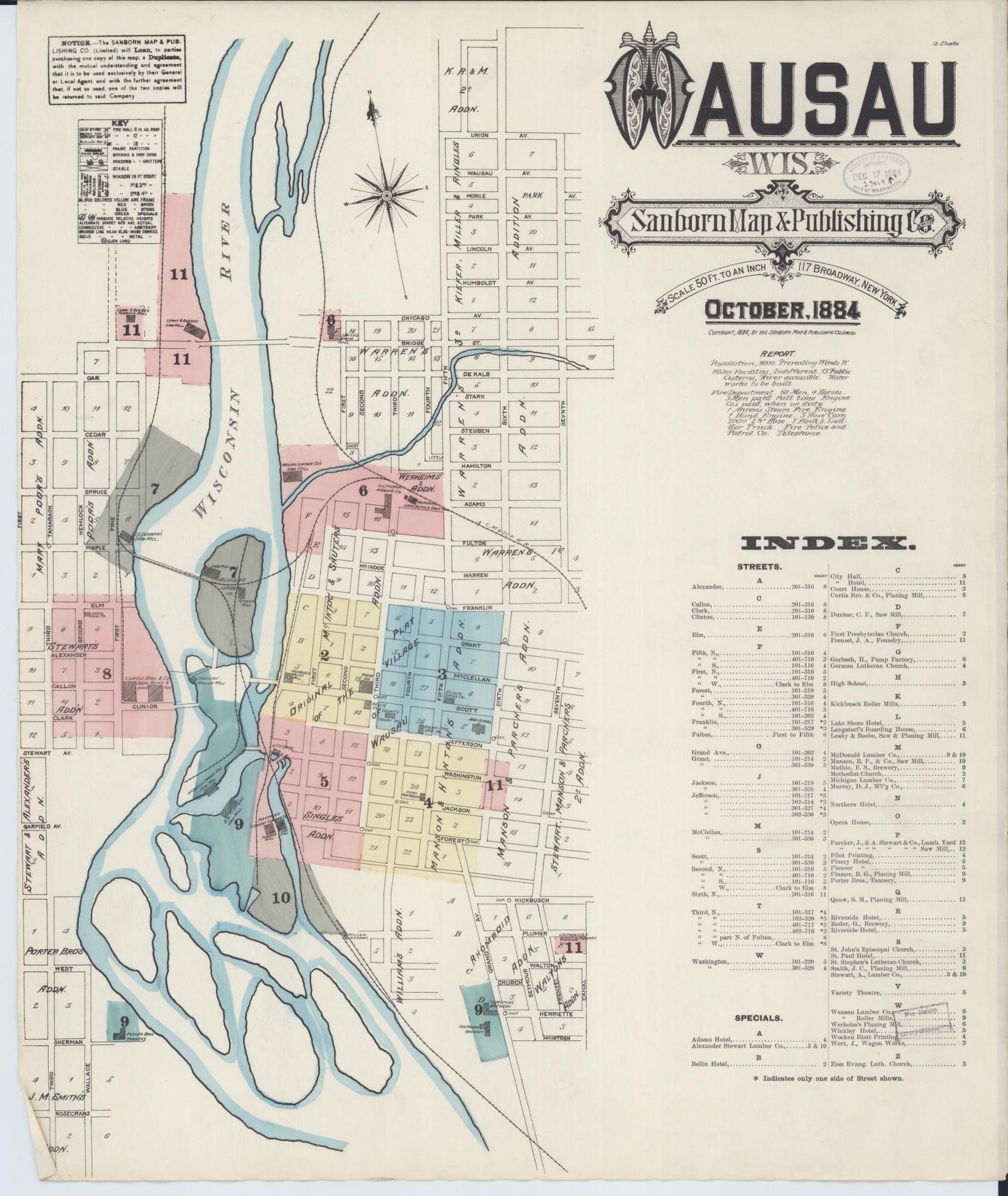 Sanborn Fire Insurance Map from Wausau, Marathon County, Wisconsin (1884), Sheet #0001 - Historic Sanborn Fire Insurance Map Print, vintage old map wall art, antique decor, genealogy gift, Wisconsin Wisconsin map
