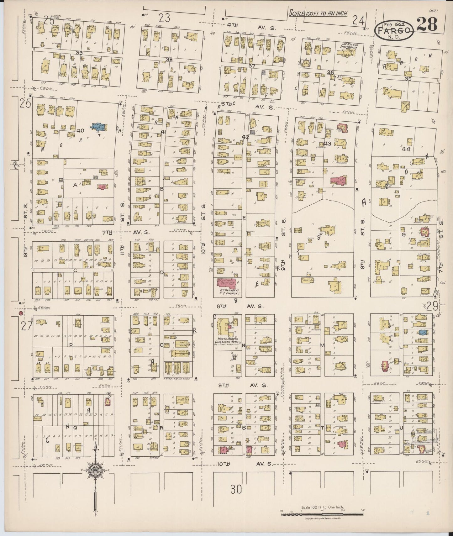 Sanborn Fire Insurance Map from Fargo, Cass County, North Dakota (1922), Sheet #0028 - Historic Sanborn Fire Insurance Map Print, vintage old map wall art, antique decor, genealogy gift, North Dakota North Dakota map