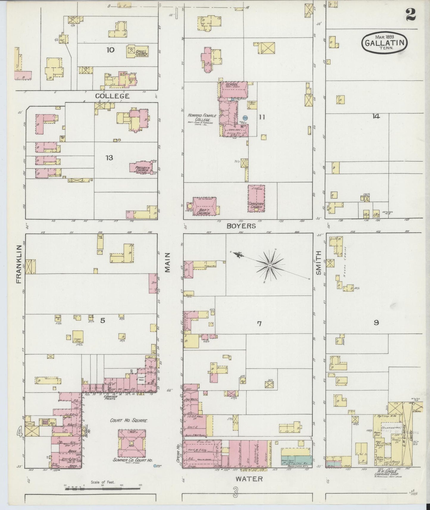 Sanborn Fire Insurance Map from Gallatin, Sumner County, Tennessee (1893), Sheet #0002 - Historic Sanborn Fire Insurance Map Print, vintage old map wall art, antique decor, genealogy gift, Tennessee Tennessee map