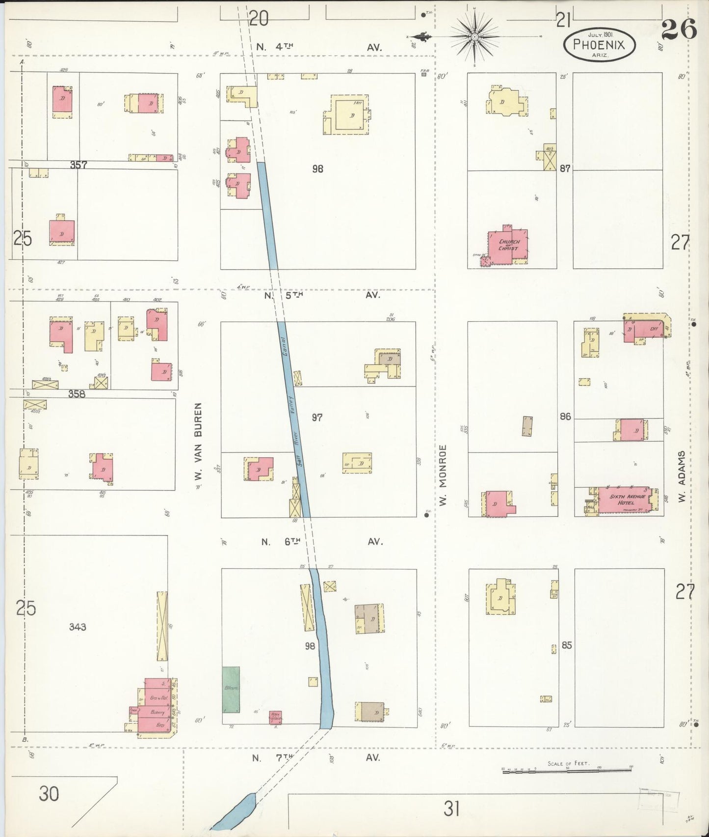Sanborn Fire Insurance Map from Phoenix, Maricopa County, Arizona (1901), Sheet #0026 - Historic Sanborn Fire Insurance Map Print, vintage old map wall art, antique decor, genealogy gift, Arizona Arizona map