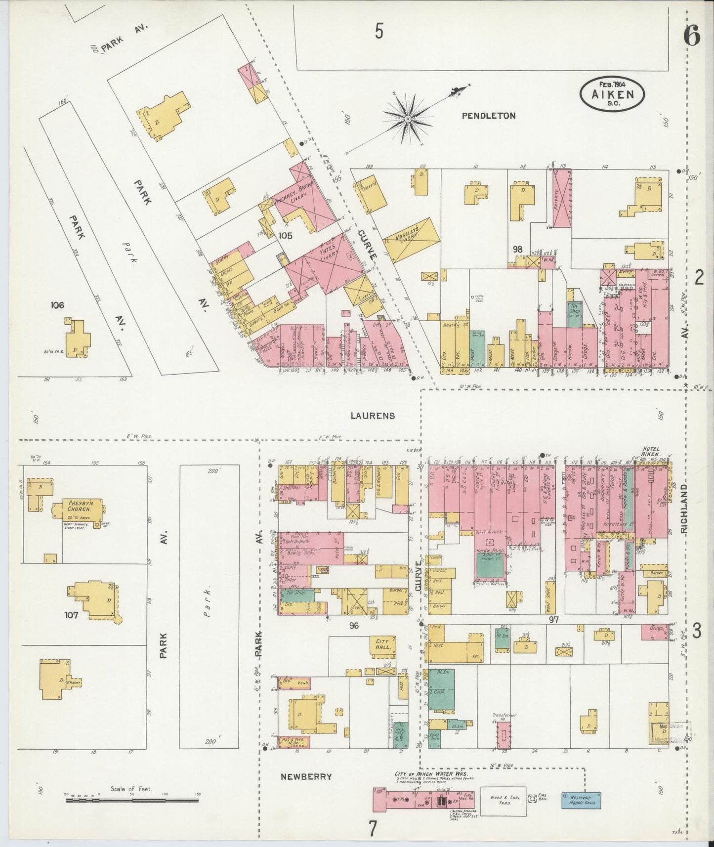 Sanborn Fire Insurance Map from Aiken, Aiken County, South Carolina (1904), Sheet #0006 - Historic Sanborn Fire Insurance Map Print, vintage old map wall art, antique decor, genealogy gift, South Carolina South Carolina map